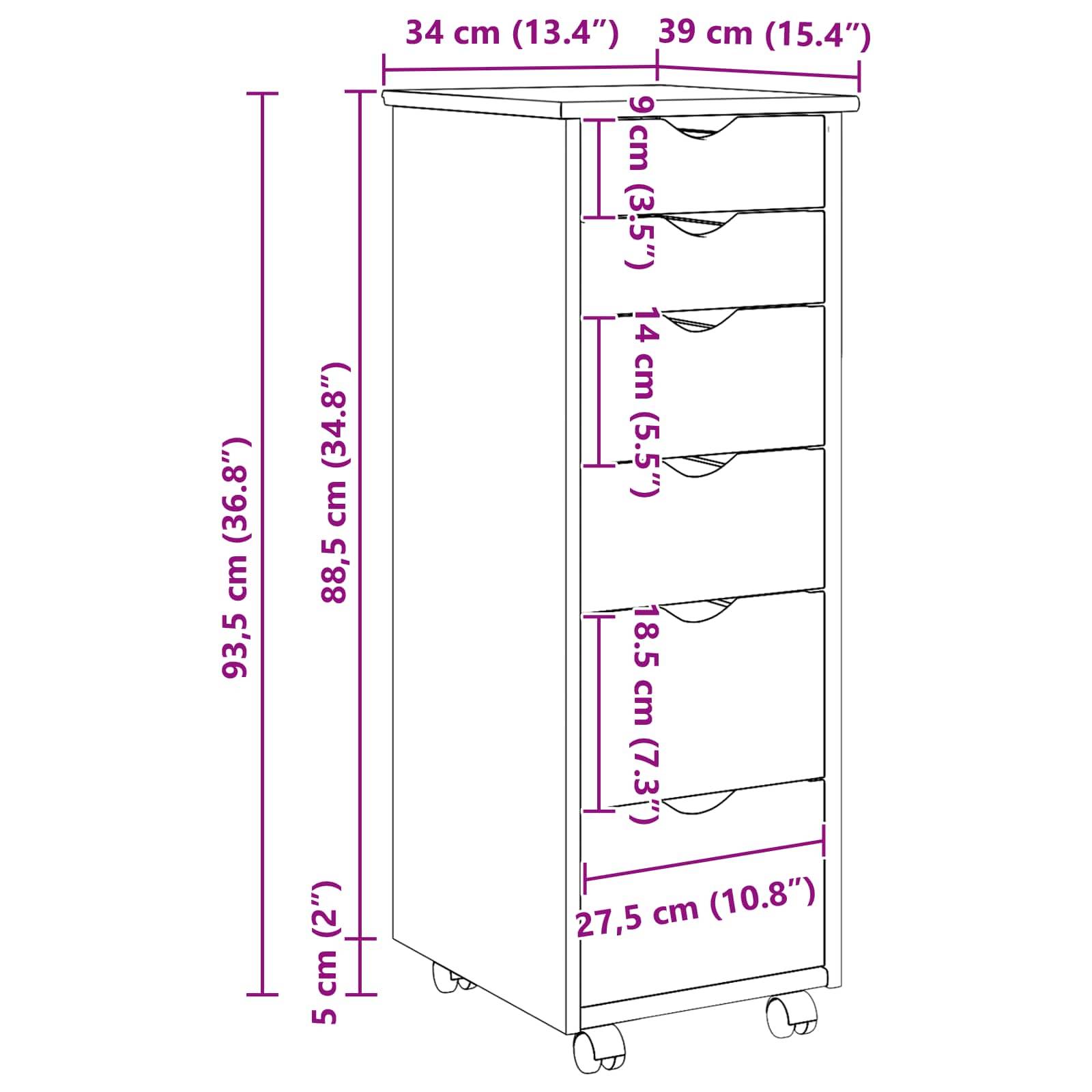 vidaXL Rollschrank Mit Rad Braun 34 x 39 x 93,5 cm Massivholz Kiefer