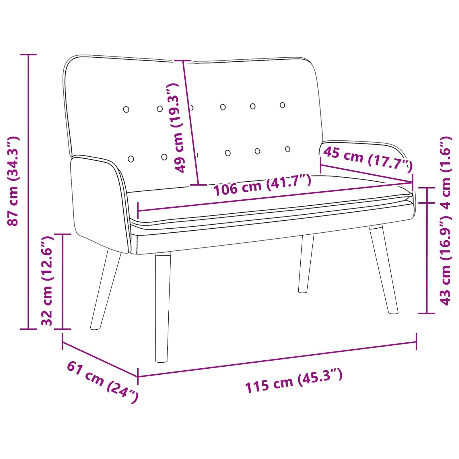 vidaXL Zweisitzer Sofa Hellgrau 115 x 61 x 87 cm Samt