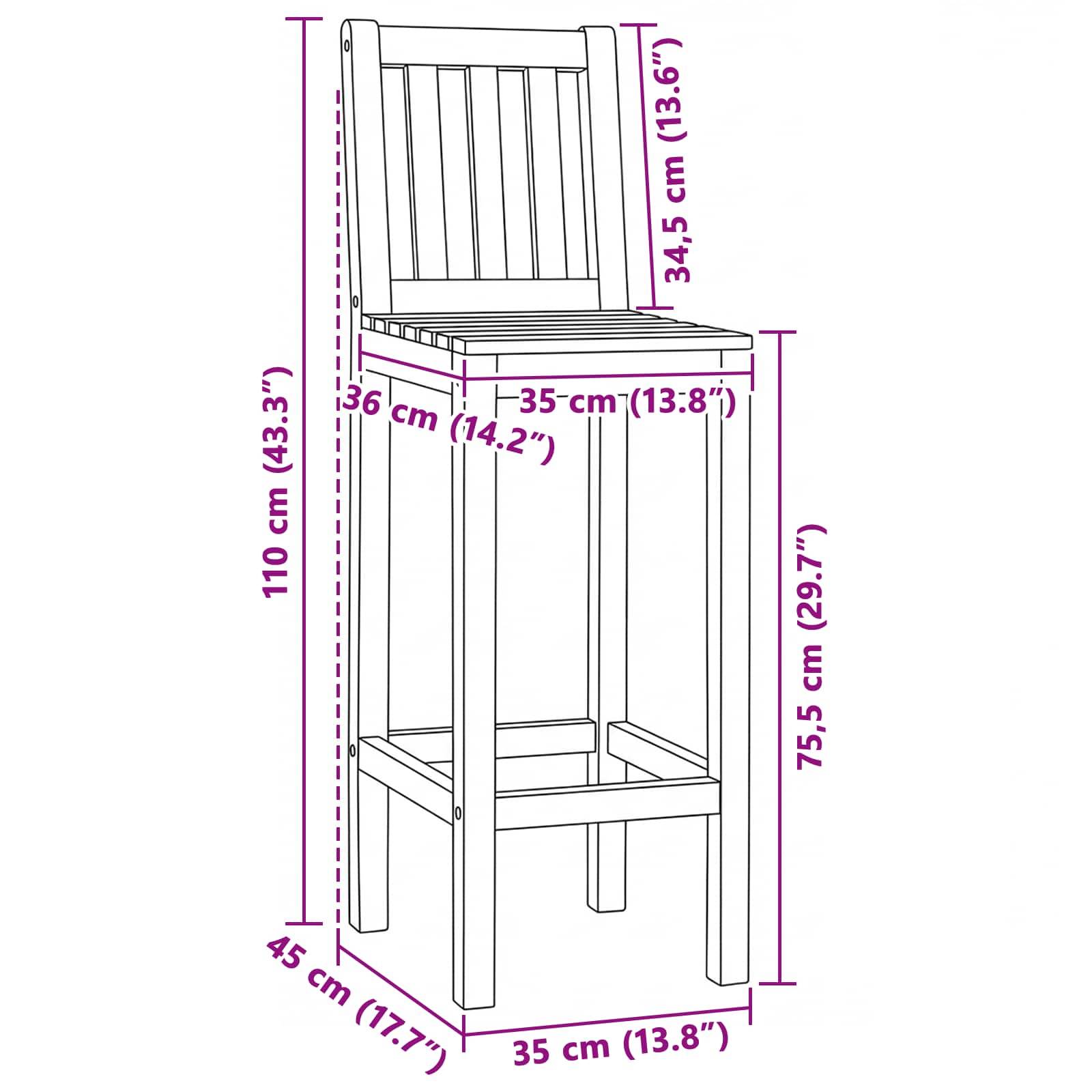 vidaXL Barstuhl 2 pcs Unbehandelt 35 x 45 x 110 cm Massivholz Teak
