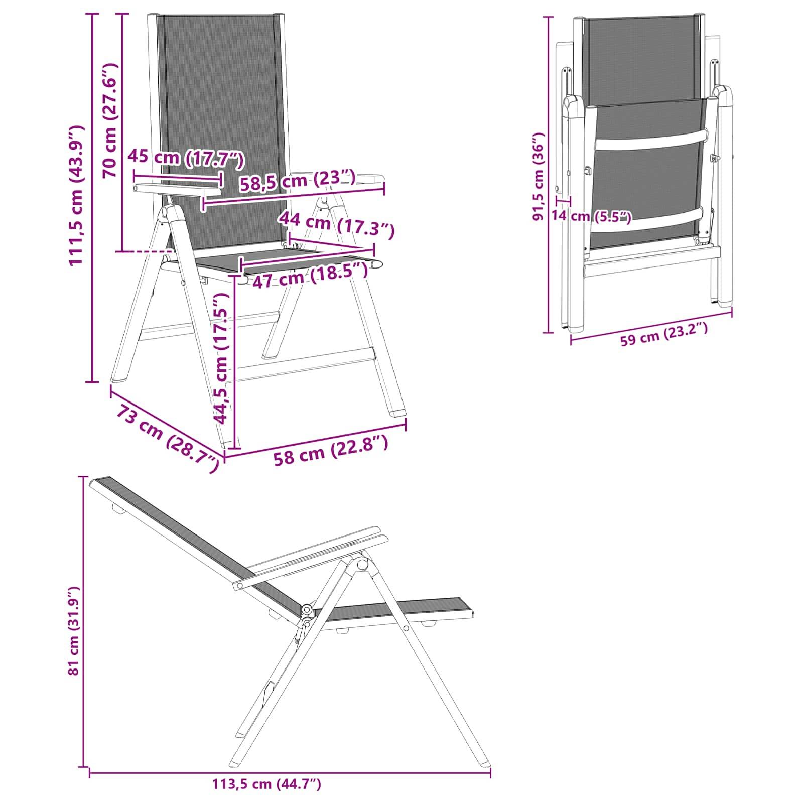 vidaXL Liegestühle für den Garten 2 pcs Schwarz 58 x 73 x 111,5 cm