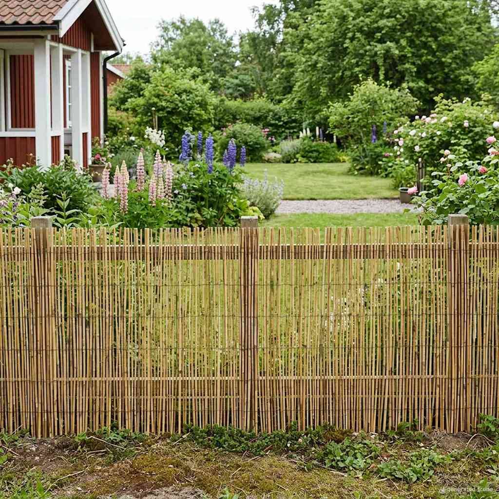 Bambuszaun im Garten vor einem gestalteten Hinterhof mit Blumen, Rasen und einem Haus auf der linken Seite.