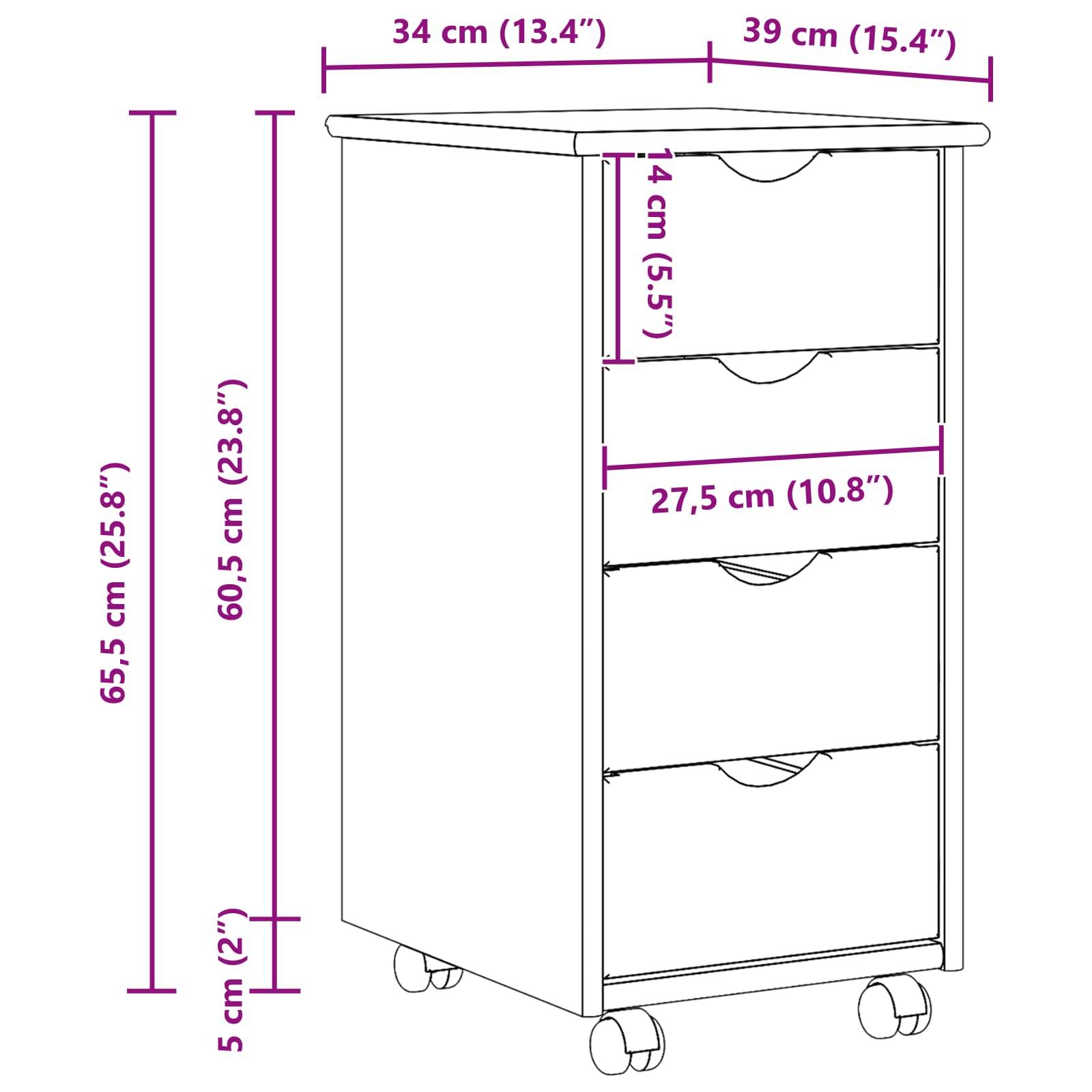 vidaXL Rollschrank Mit Rad Braun 65,5 x 34 x 39 cm Massivholz Kiefer