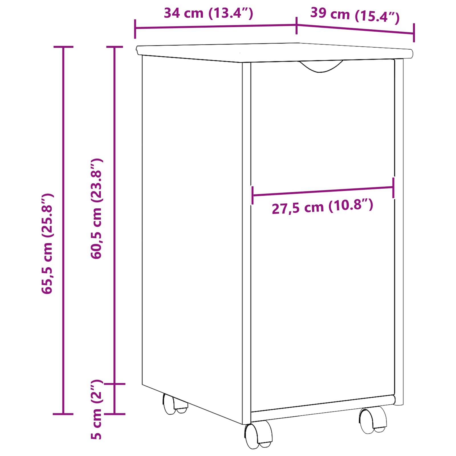 vidaXL Rollschrank Mit Rad Braun 34 x 39 x 65,5 cm Massivholz Kiefer