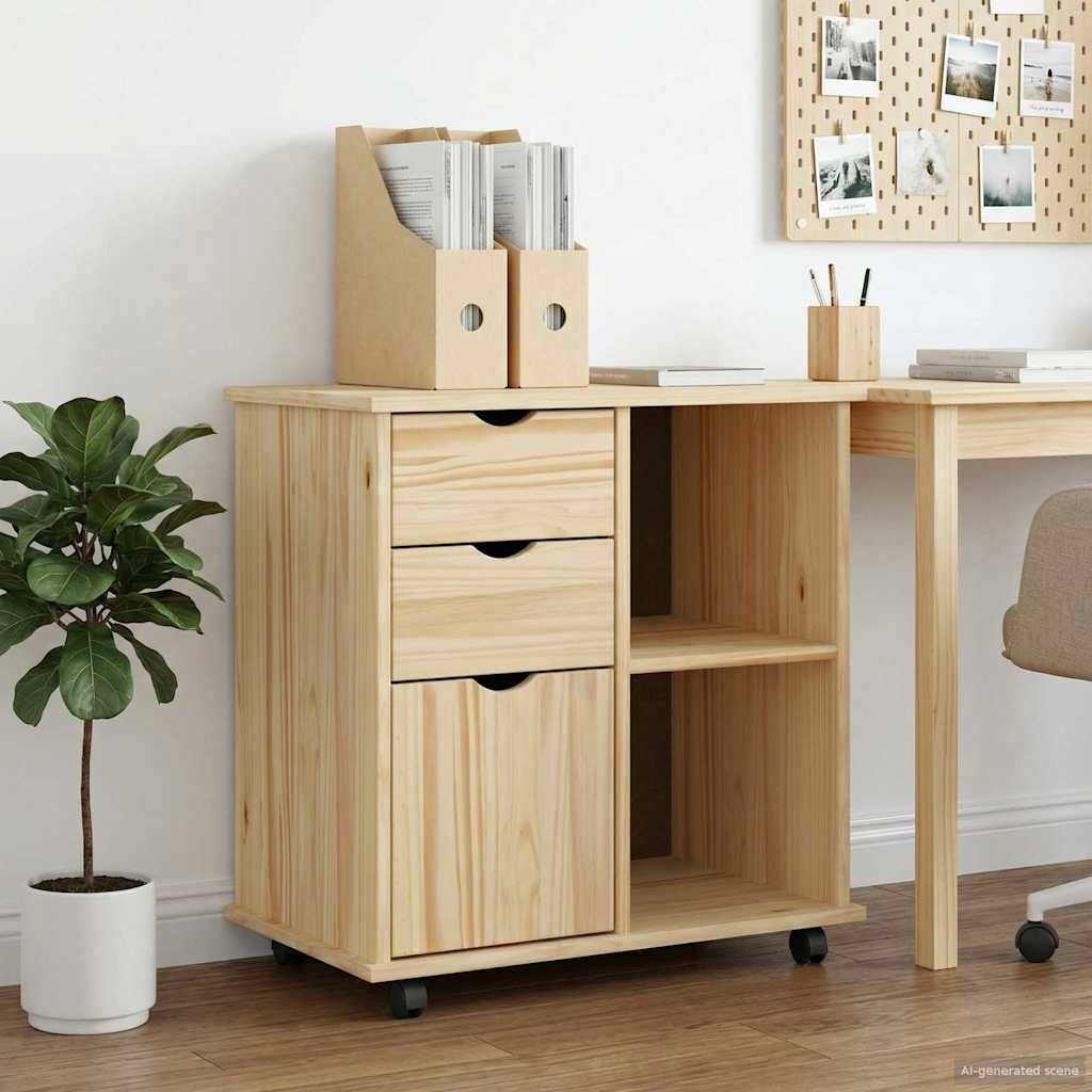 Hellbraunes Rollschrank mit drei Schubladen und offenen Regalen neben einem Schreibtisch, das Aktenboxen und Büromaterial in einem ordentlichen Arbeitsbereich aufbewahrt.
