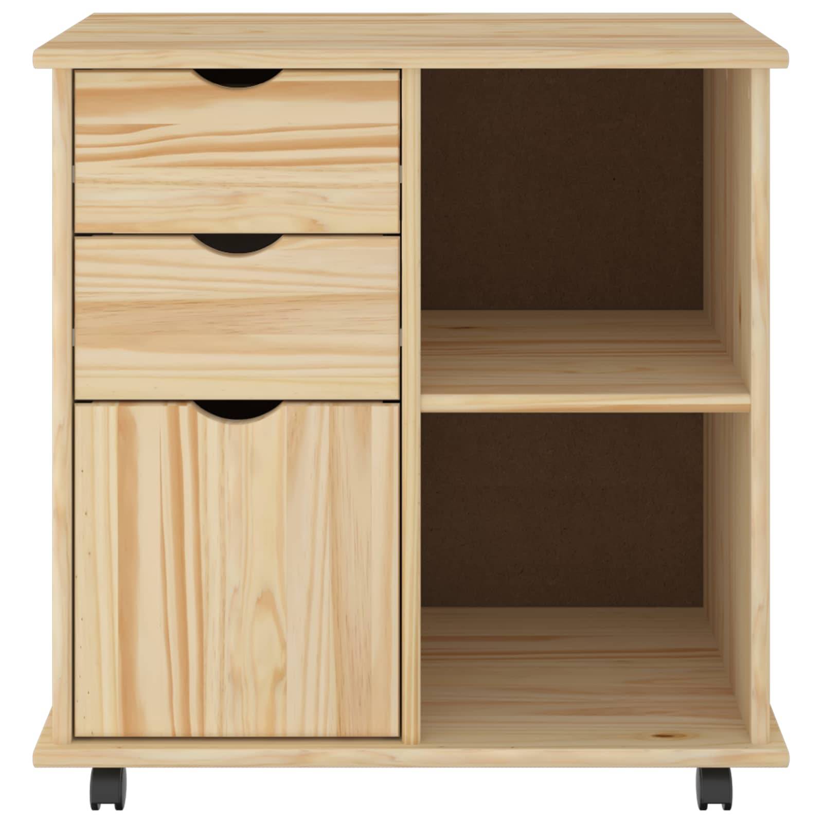 Helles Holzschrank mit drei Schubladen auf der linken Seite, zwei offenen Regalen auf der rechten Seite und kleinen Lenkrollen am unteren Ende.
