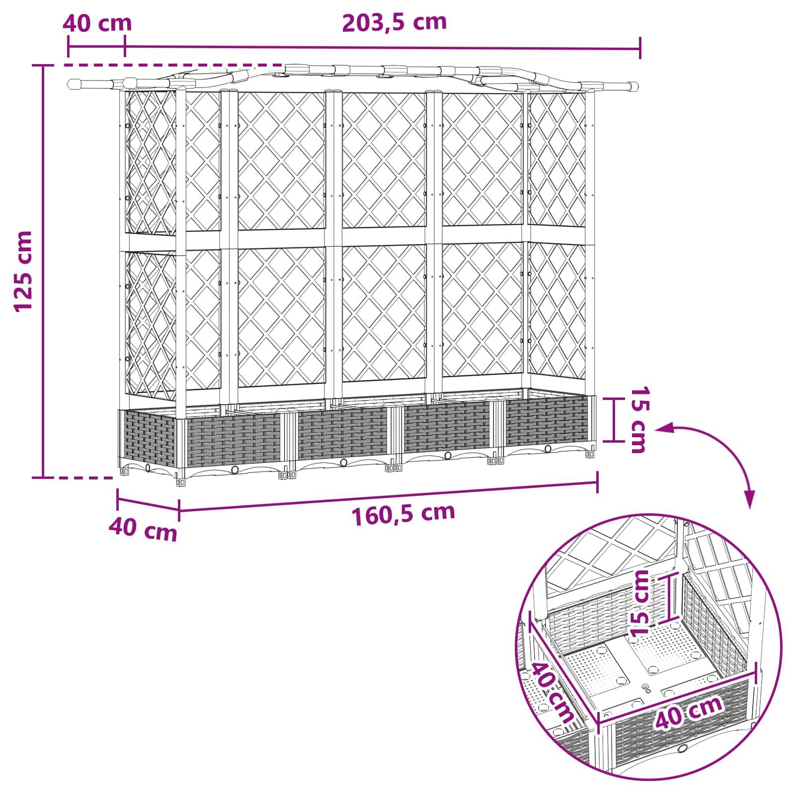 vidaXL Hochbeet mit Rankgitter und Dach Braun 203,5 x 40 x 125 cm PP