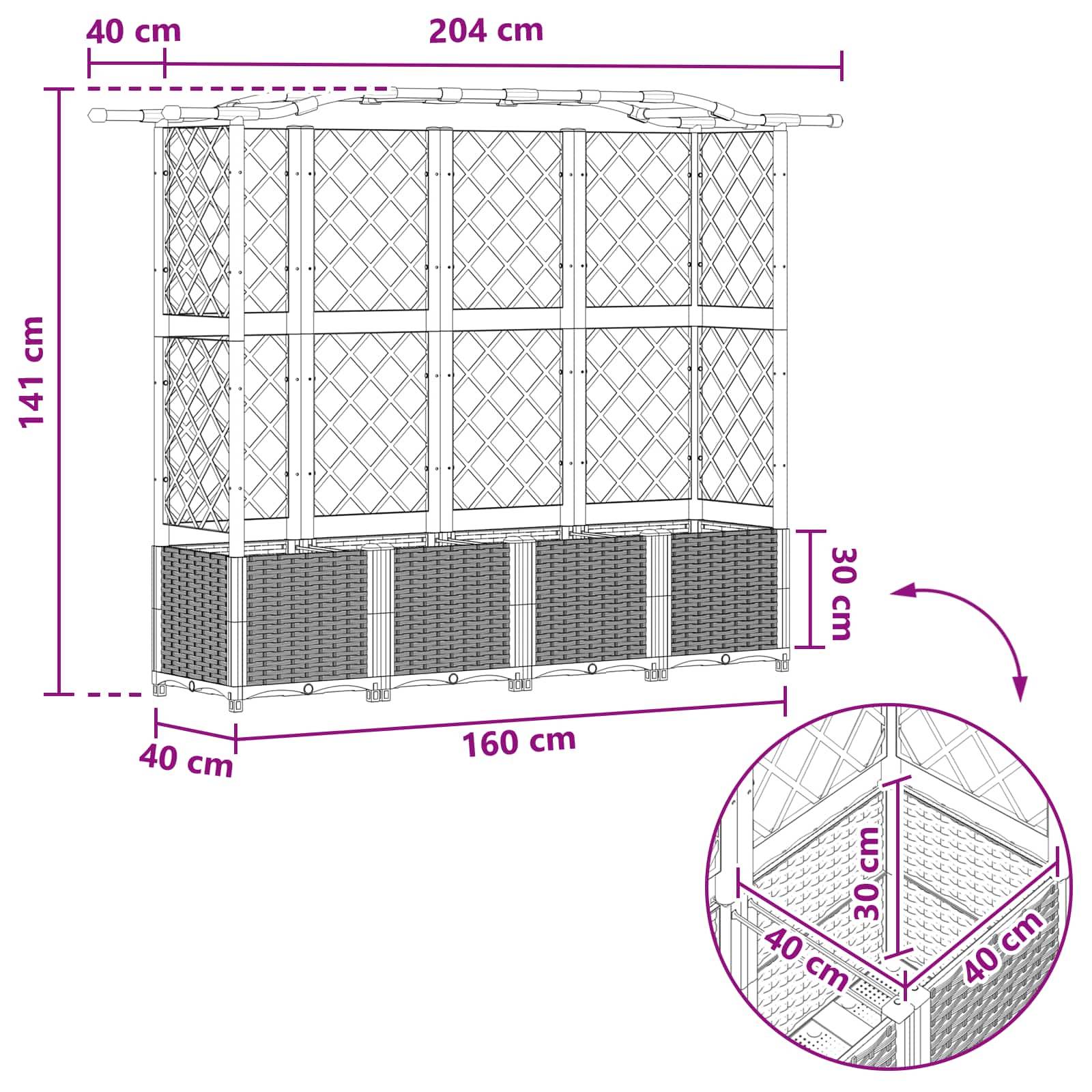 vidaXL Hochbeet mit Rankgitter und Dach Braun 204 x 40 x 141 cm PP