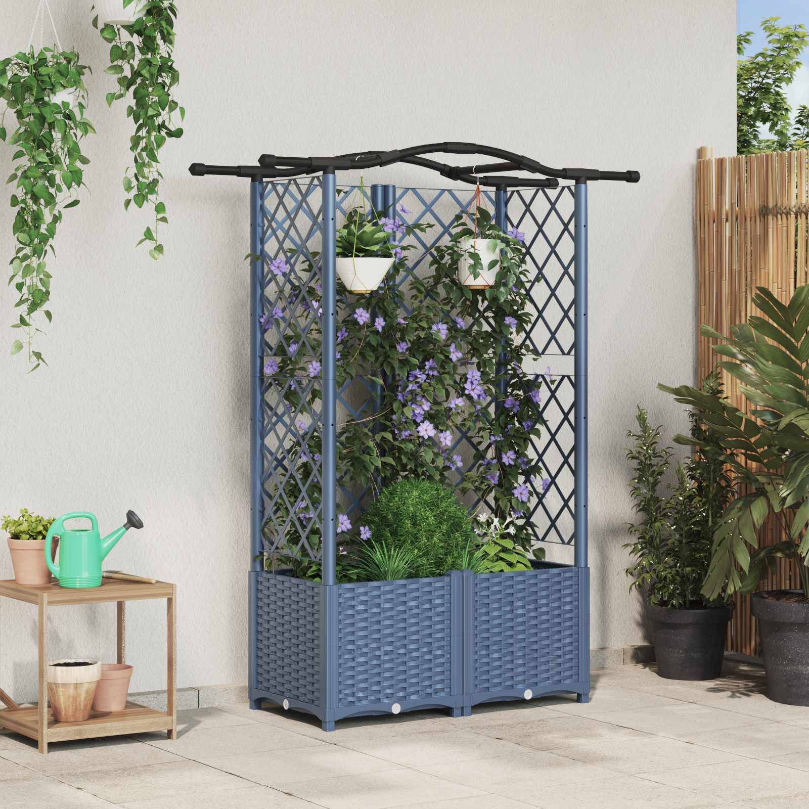 vidaXL Hochbeet mit Rankgitter und Dach Grau 122 x 40 x 141 cm PP