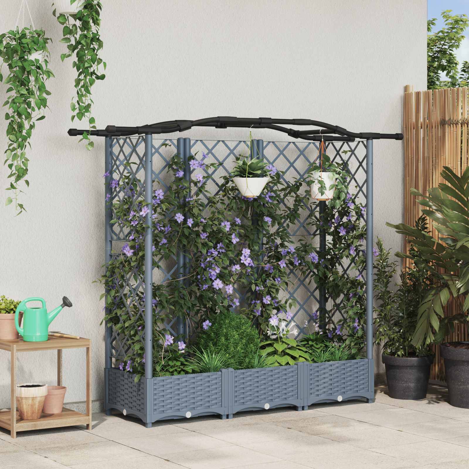 vidaXL Hochbeet mit Rankgitter und Dach Hellgrau 163 x 40 x 126 cm PP