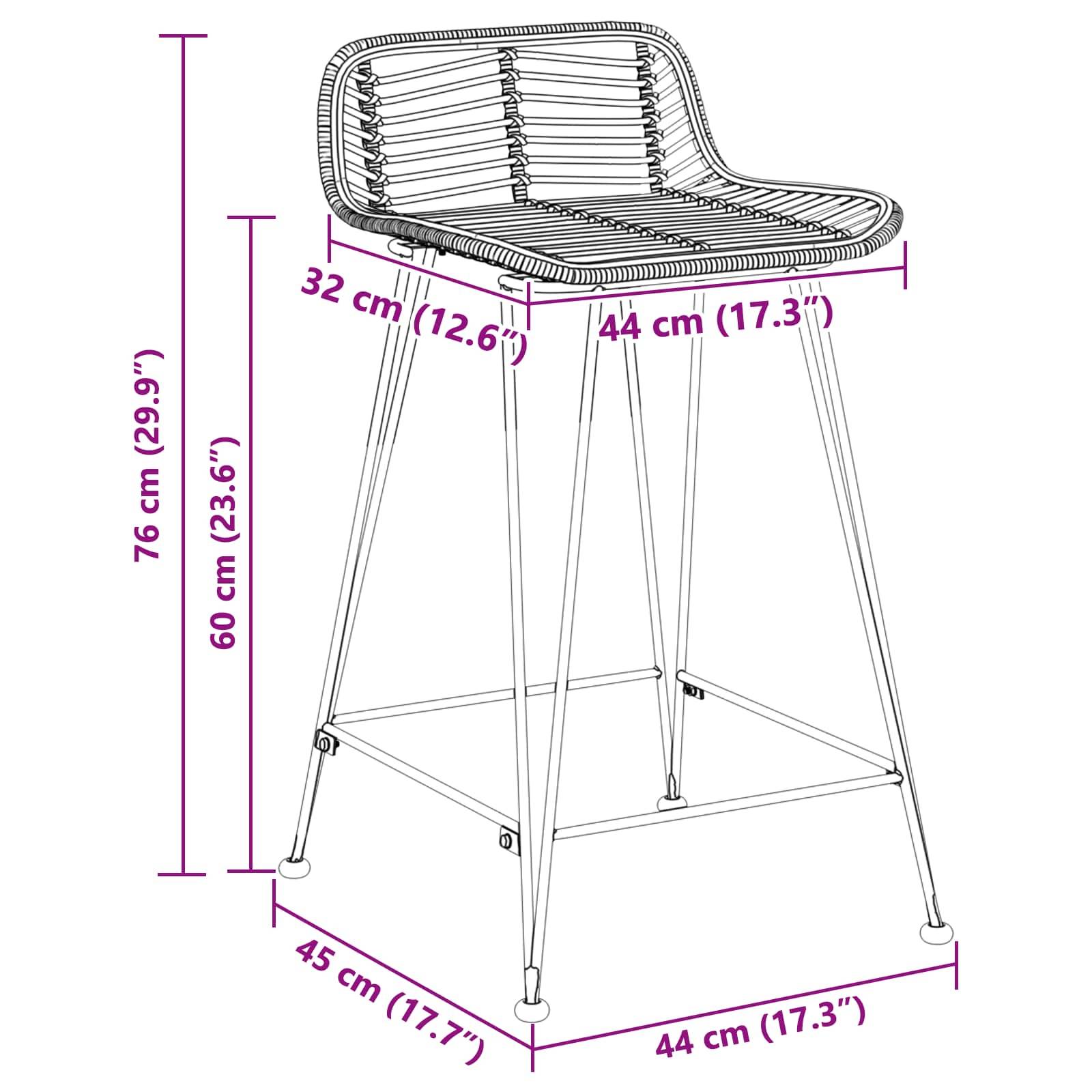vidaXL Barhocker 2 pcs Natur 44 x 45 x 76 cm Rattan und Stahl
