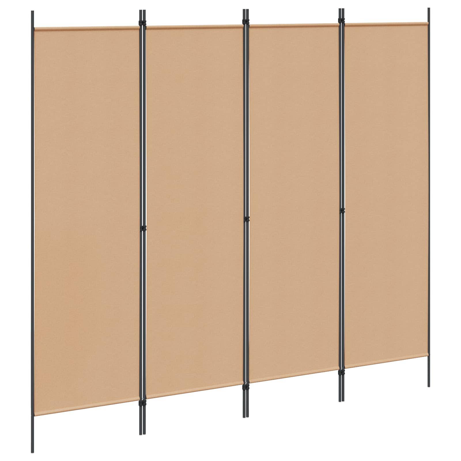 Beige vierteiliger Raumteiler mit Faltfunktion, schwarzem Metallrahmen und Beinen, vor weißem Hintergrund dargestellt.