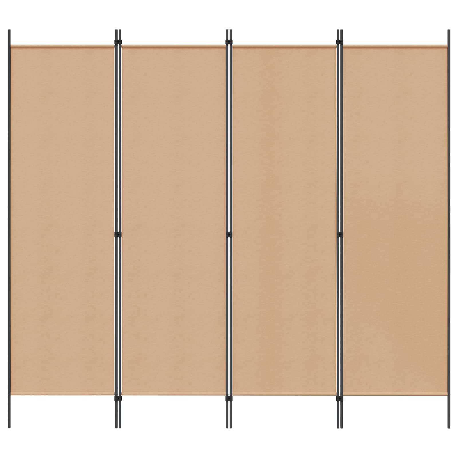 Beige Falt-Sichtschutzwand mit vier Paneelen und schwarzen Stützschienen auf weißem Hintergrund.
