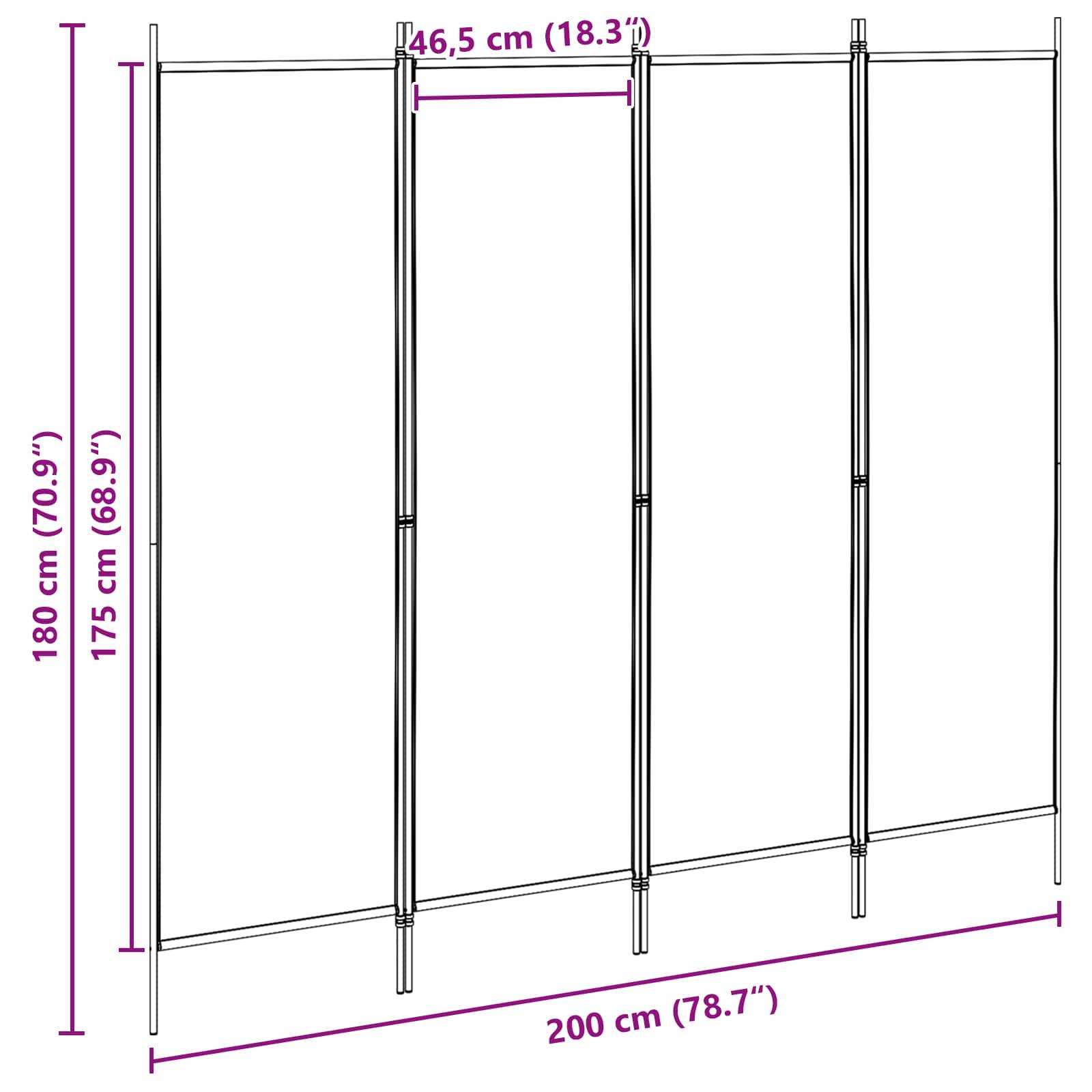Diagramm einer vierpaneligen Raumteiler mit Abmessungen: 200 cm breit, 180 cm hoch, 175 cm Bildschirmhöhe und 46,5 cm Panelbreite.
