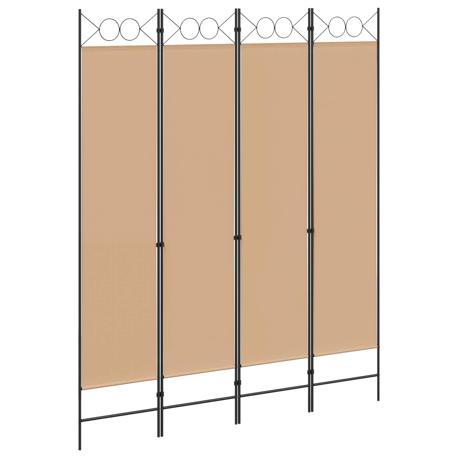 Beige-farbiges Datenschutzzaun-Panel mit oben angebrachtem Stacheldraht und vier schwarzen vertikalen Stützpfosten auf einem Metallrahmen.