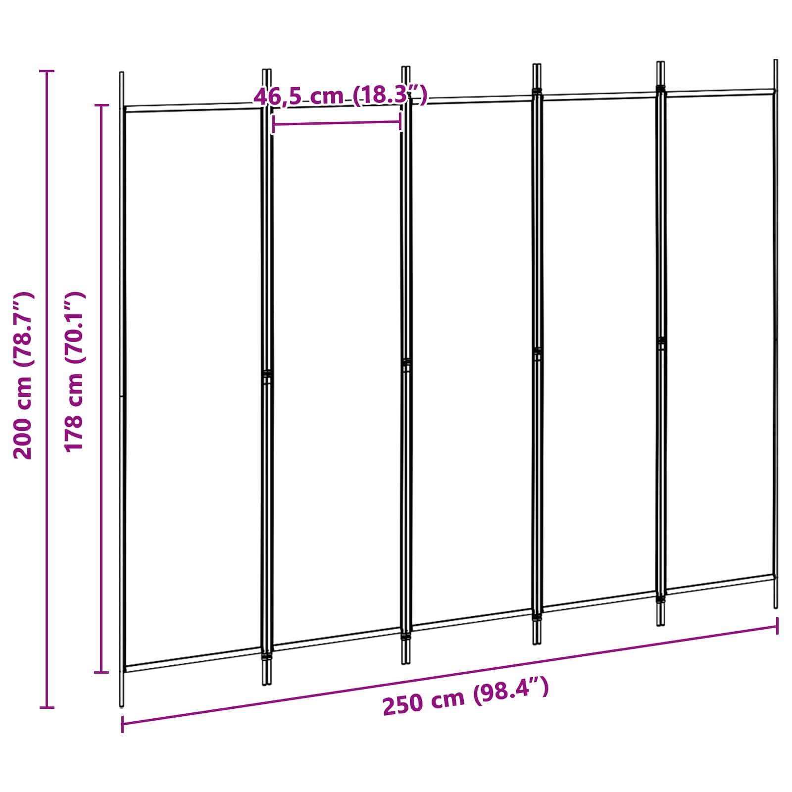 Technisches Diagramm eines fünfteiligen Paravents mit einer Gesamtgröße von 250 cm Breite und 200 cm Höhe, mit einer Panelbreite von 46,5 cm und einer Höhe von 178 cm.