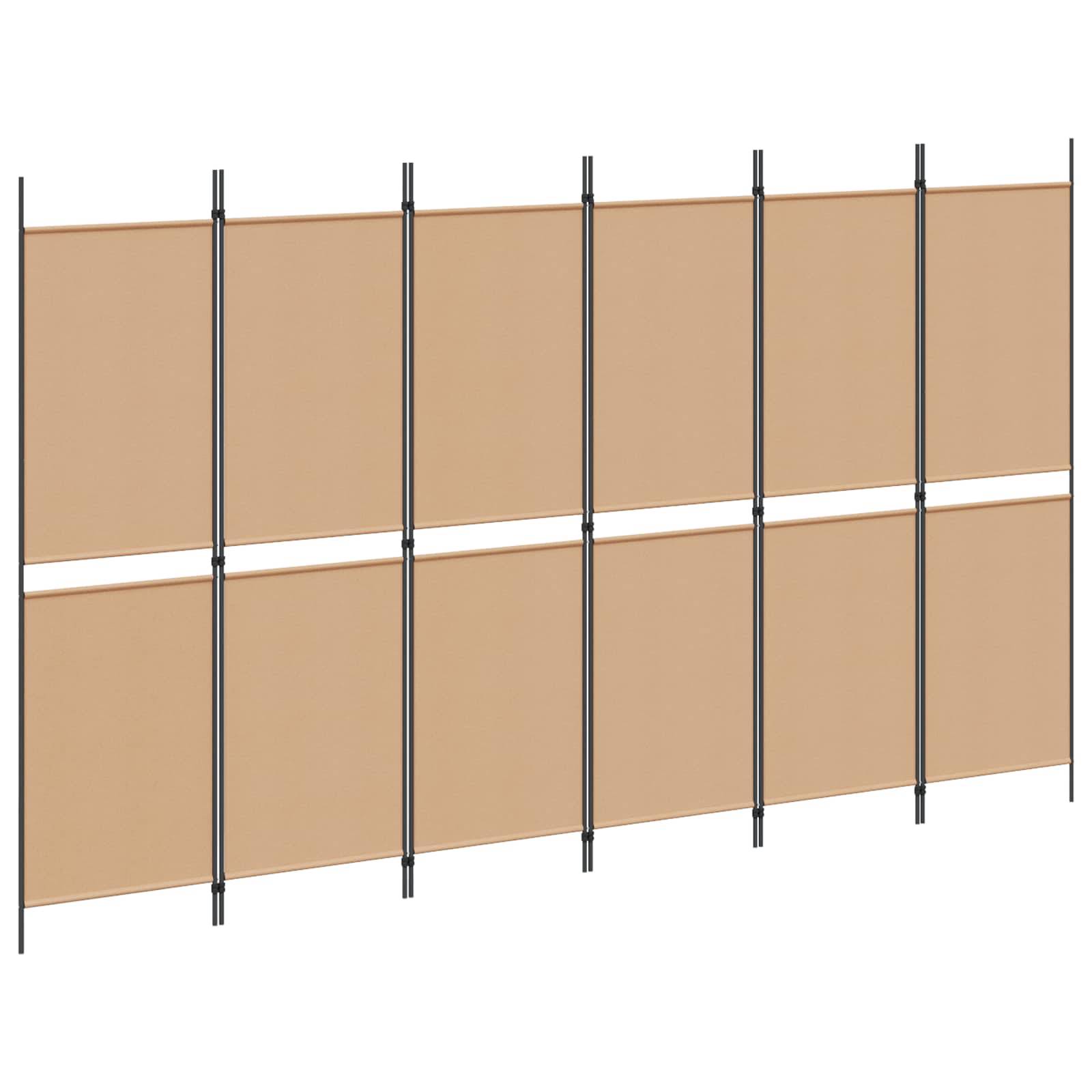 Illustration eines modularen beigen Sichtschutzzauns mit horizontalen Paneelen, die von fünf schwarzen vertikalen Stützpfosten gehalten werden.