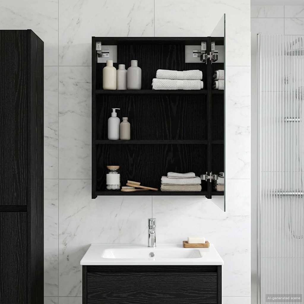 vidaXL Badezimmerspiegelschrank Schwarz Eichen-Optik 50 x 14,5 x 70 cm
