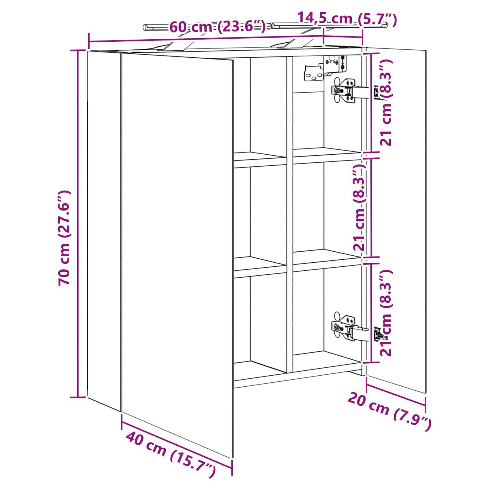 vidaXL Badezimmerspiegelschrank Weiß 60 x 14,5 x 70 cm Holzwerkstoff