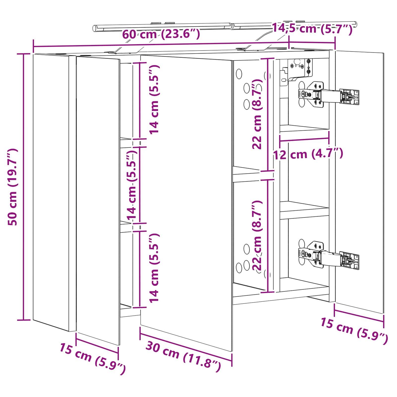 vidaXL Badezimmerspiegelschrank Schwarz Eichen-Optik 60 x 14,5 x 50 cm