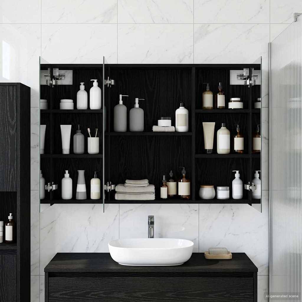 vidaXL Badezimmerspiegelschrank mit Regal mit Tür Schwarz Eichen-Optik