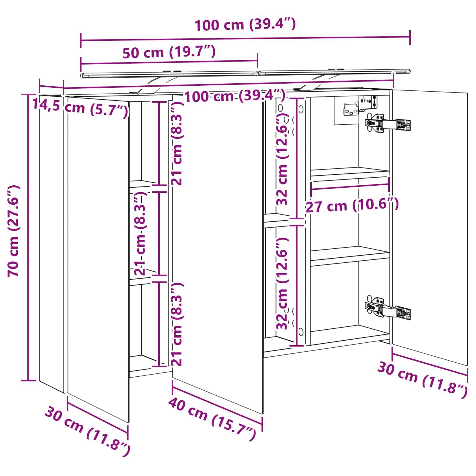 vidaXL Badezimmerspiegelschrank Weiß 100 x 14,5 x 70 cm Holzwerkstoff