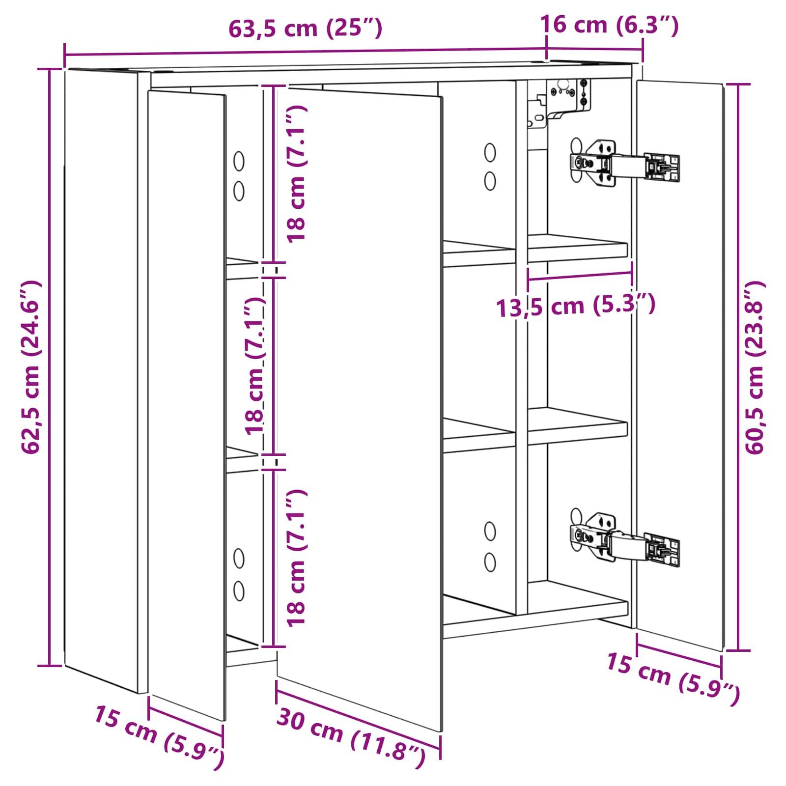 vidaXL Badezimmerspiegelschrank Weiß 63,5 x 16 x 62,5 cm Holzwerkstoff