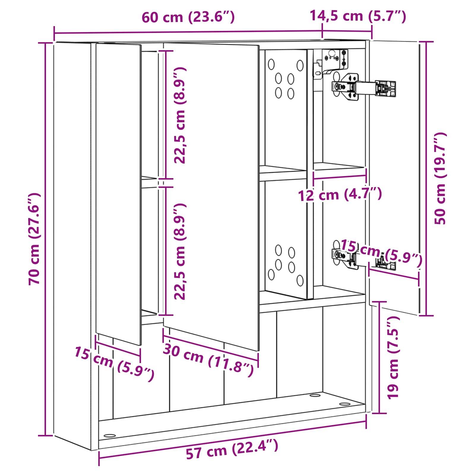vidaXL Badezimmerspiegelschrank Weiß 60 x 14.5 x 70 cm Holzwerkstoff