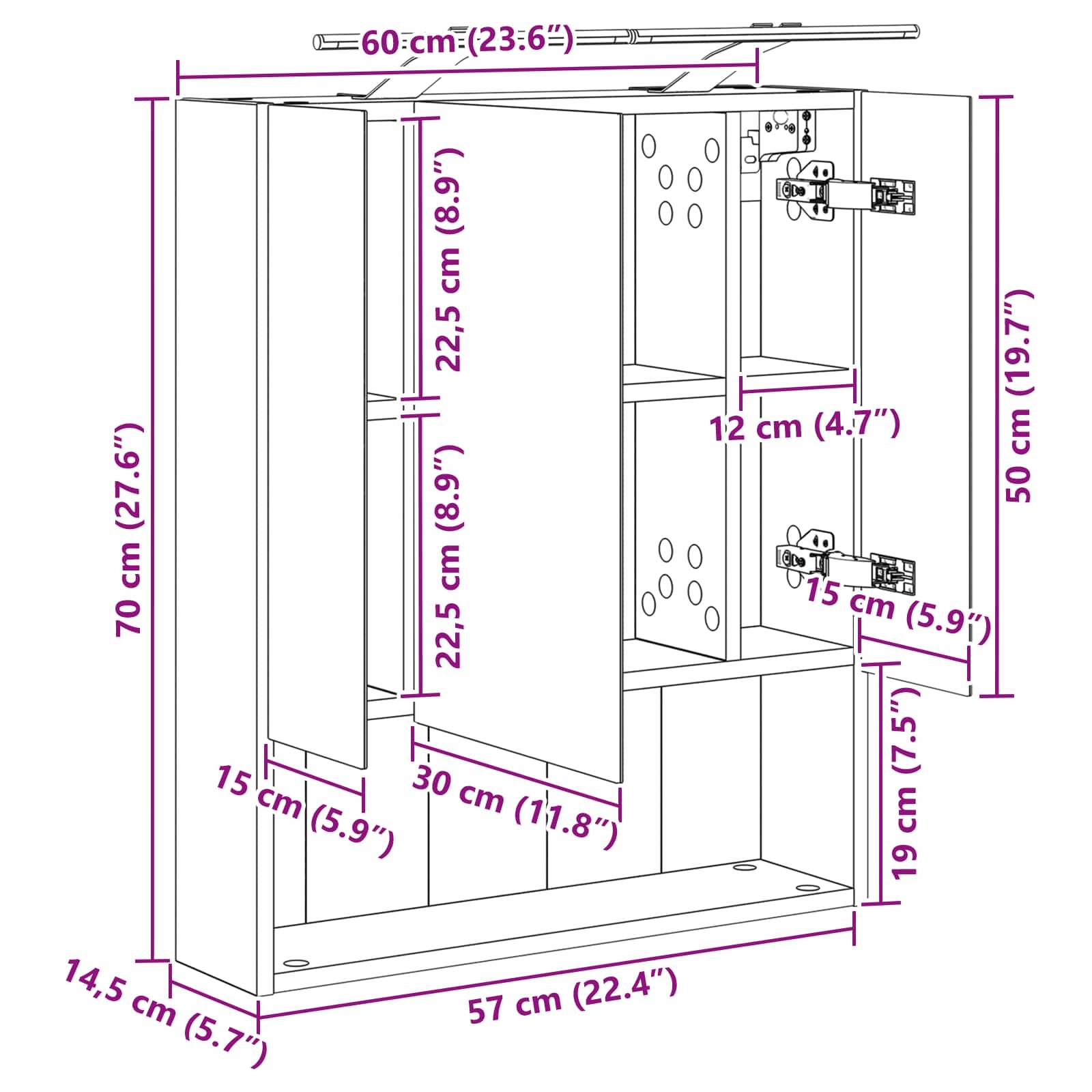 vidaXL Badezimmerspiegelschrank Weiß 60 x 14.5 x 70 cm Holzwerkstoff