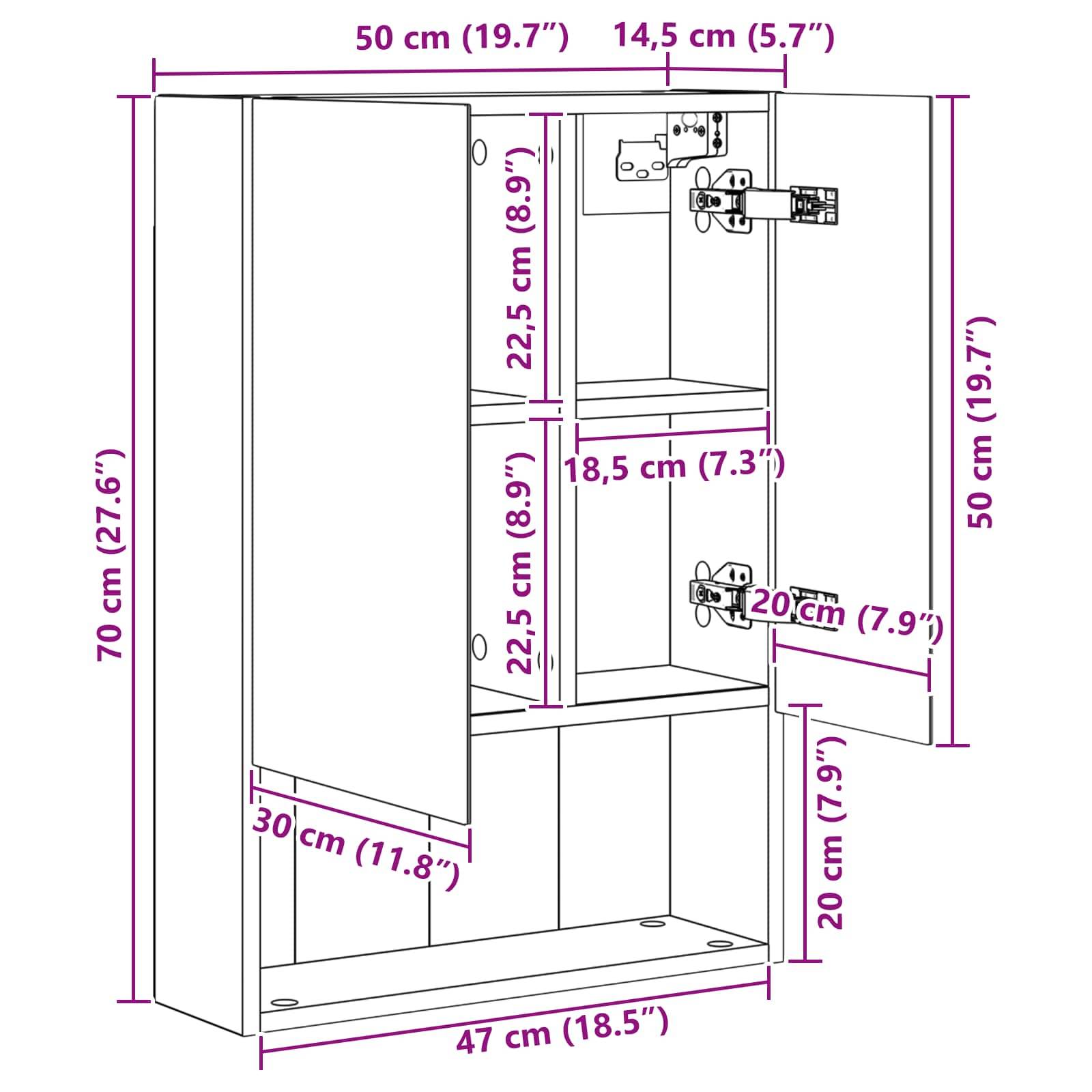 vidaXL Badezimmerspiegelschrank Weiß 50 x 14,5 x 70 cm Holzwerkstoff