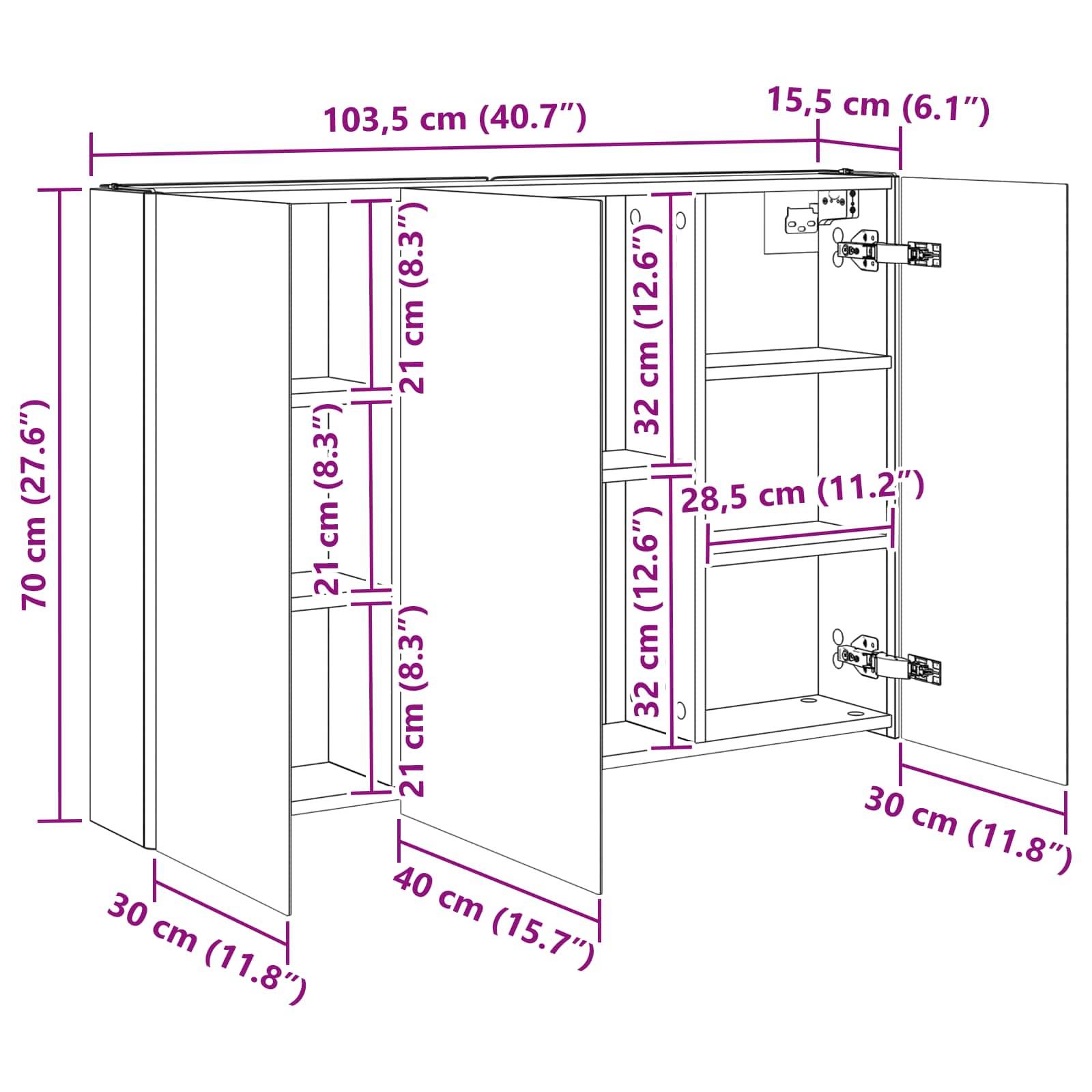 vidaXL Badezimmerspiegelschrank Weiß 103,5 x 15,5 x 70 cm