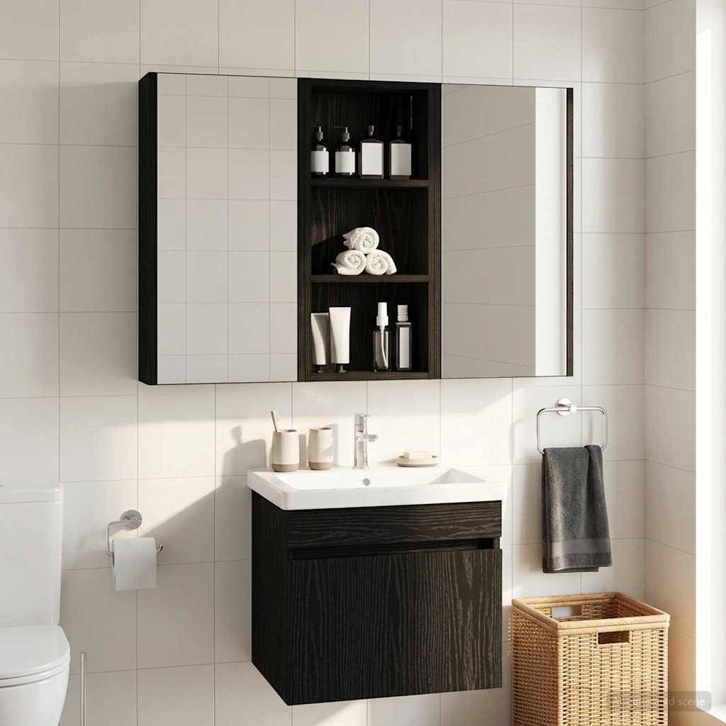 Modernes Badezimmer mit einem Wandspiegelschrank über einem Waschbecken, offenen Regalen mit Toilettenartikeln und Handtüchern sowie einem Weidenkorb für Wäsche.