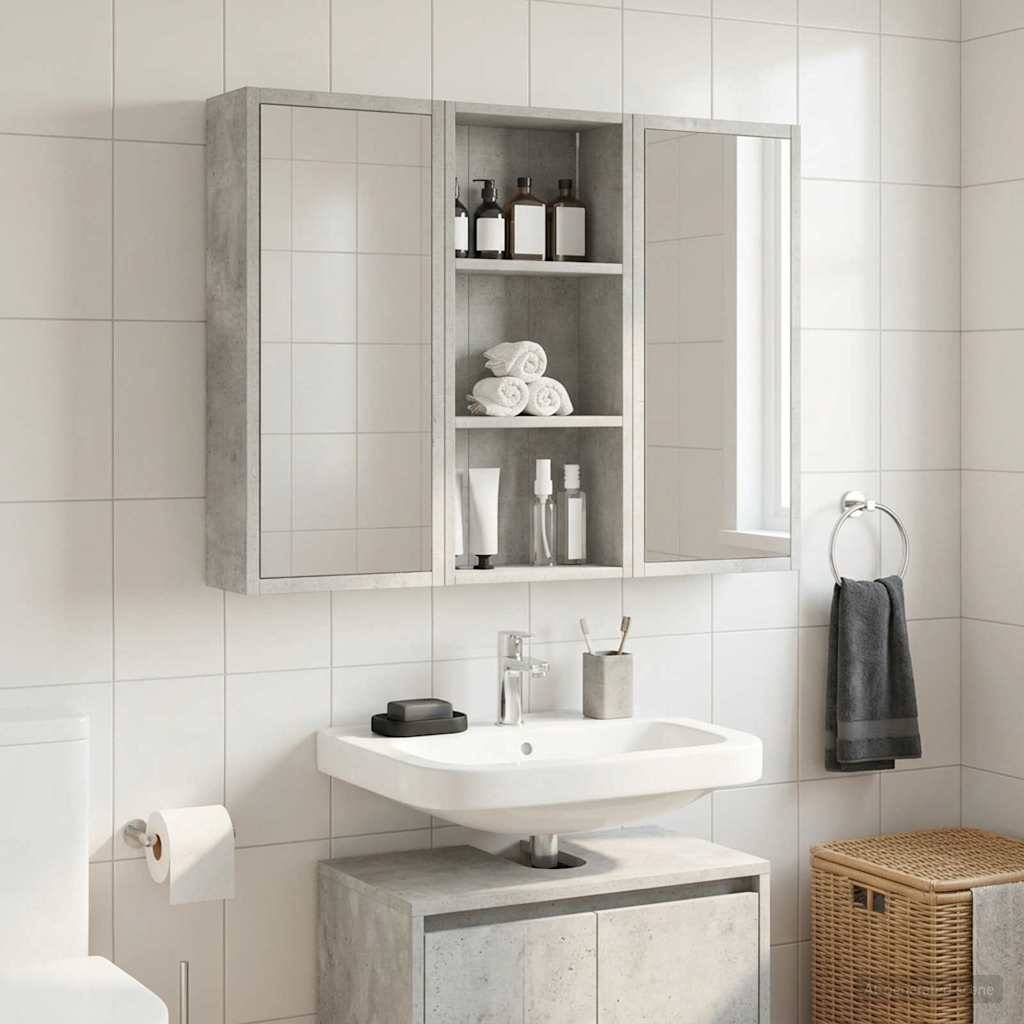 Modernes Badezimmer mit an der Wand montiertem Spiegelschrank über dem Waschbecken, offenen Regalen mit Toilettenartikeln und Handtüchern und einem Weidenkorb für Wäsche in der Nähe.