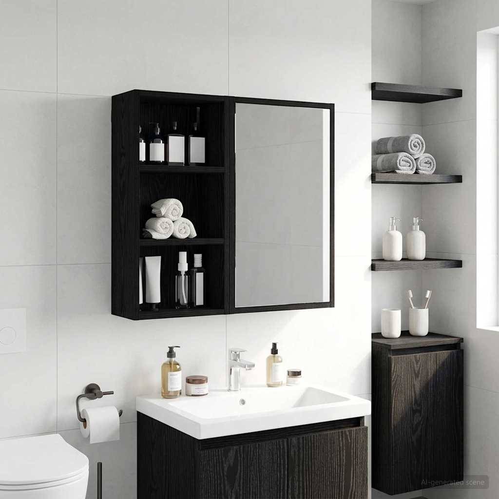 Modernes Badezimmer mit schwarzem Waschtisch und Spiegelschrank, Wandregalen und ordentlich angeordneten Toilettenartikeln und Handtüchern.