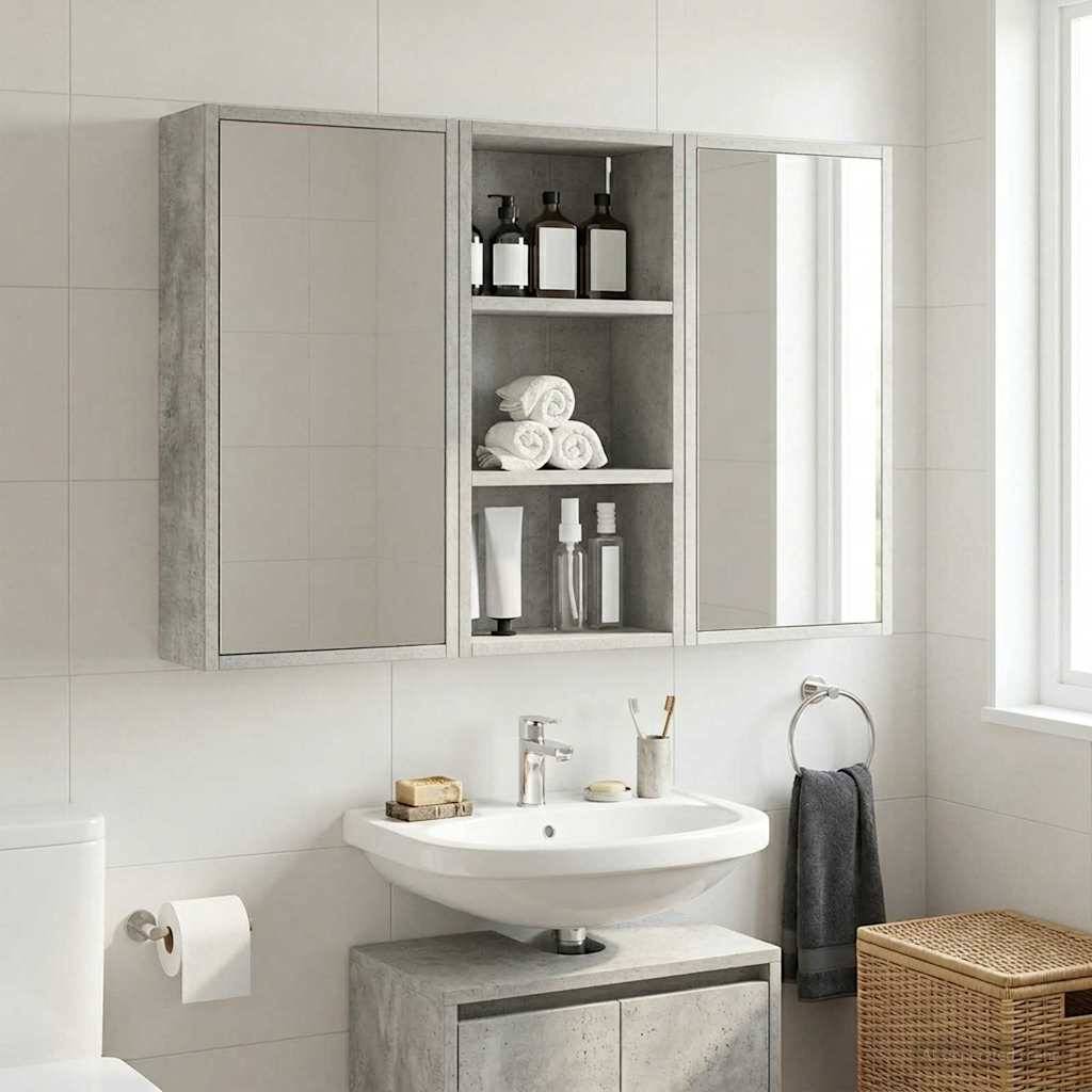Modernes Badezimmerwandmöbel mit Spiegelschrank, offenen Regalen mit Toilettenartikeln und Handtüchern, Waschbecken darunter und Handtuchring neben einem Flechtkorb.