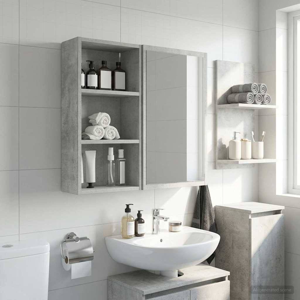 Modernes Badezimmer mit einem wandmontierten Waschbecken, Spiegelschrank, Toilette und Regalen, die Handtücher und Toilettenartikel in einem hellgrau gefliesten Raum halten.