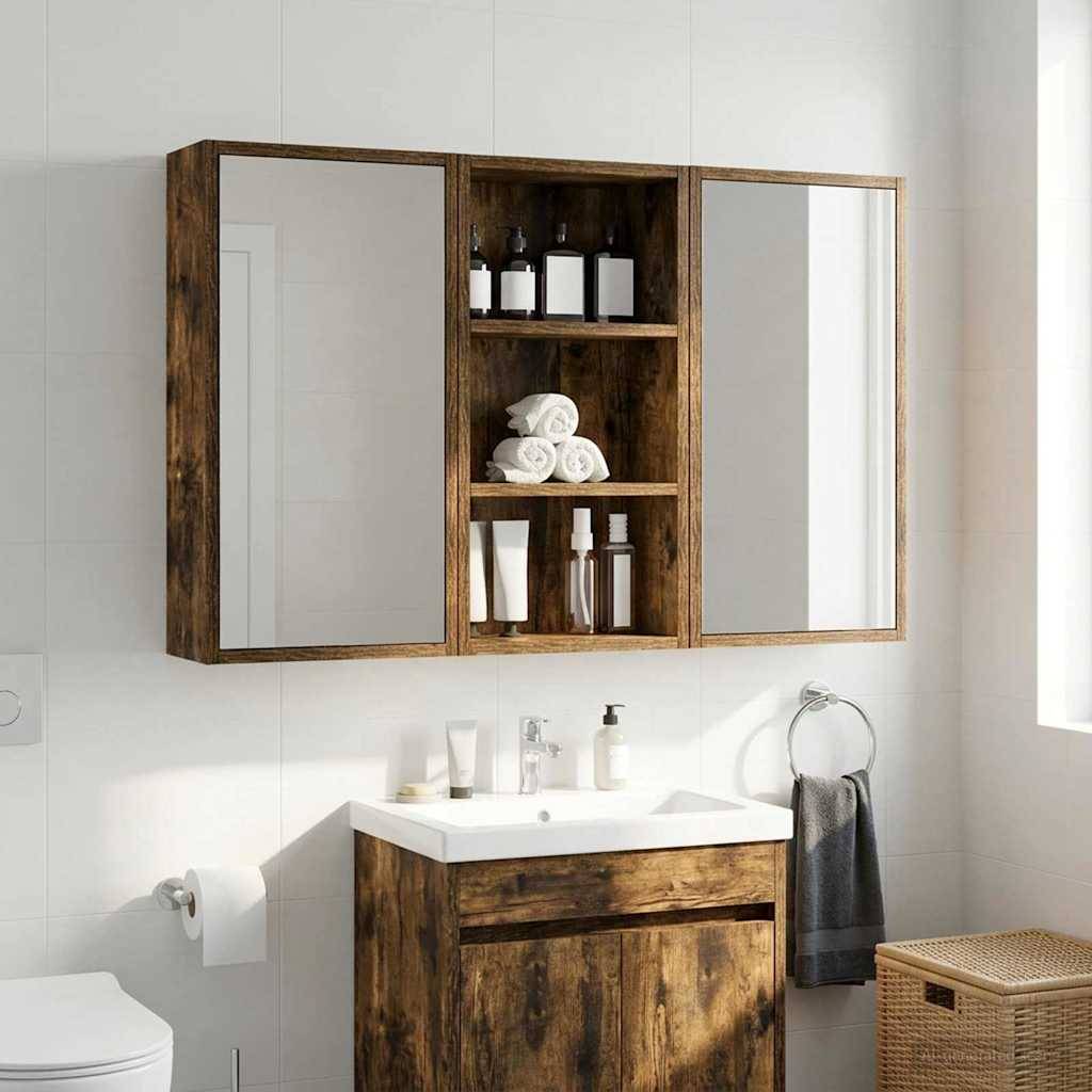 Rustikales Holz-Badezimmerwaschtisch mit drei verspiegelten Schranktüren über einem Waschbecken, offene Regale mit Handtüchern und Toilettenartikeln sowie ein Handtuchring neben einem Weidenkorb.