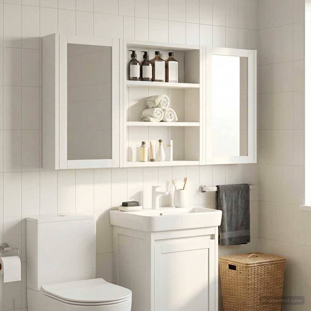 Helles, weißes Badezimmer mit einem Waschtisch, Spiegelschrank, offenen Regalen mit Toilettenartikeln und Handtüchern, einer Toilette und einem Weidenkorb.