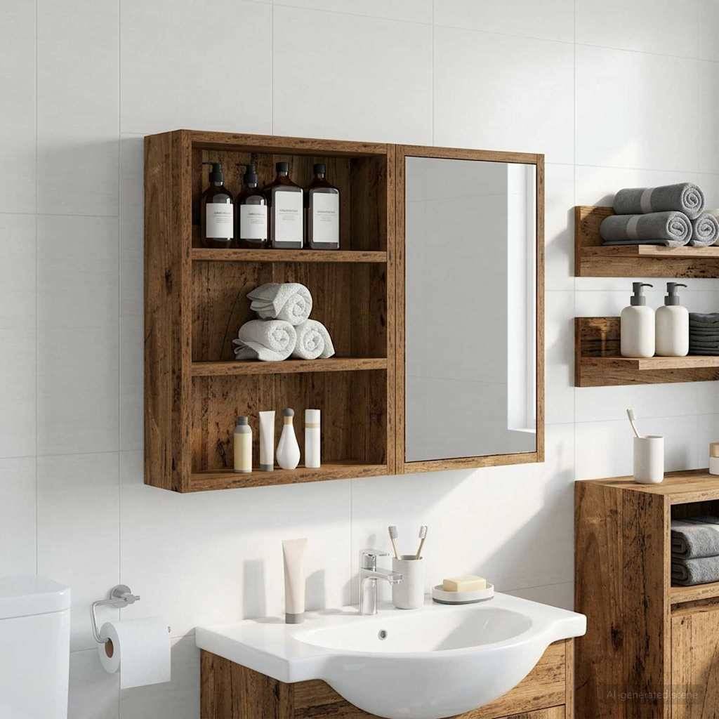Holzwandschrank für das Badezimmer mit Spiegel über einem Waschbecken, mit Flaschen, aufgerollten Handtüchern und Toilettenartikeln, in einem hellen modernen Badezimmer.