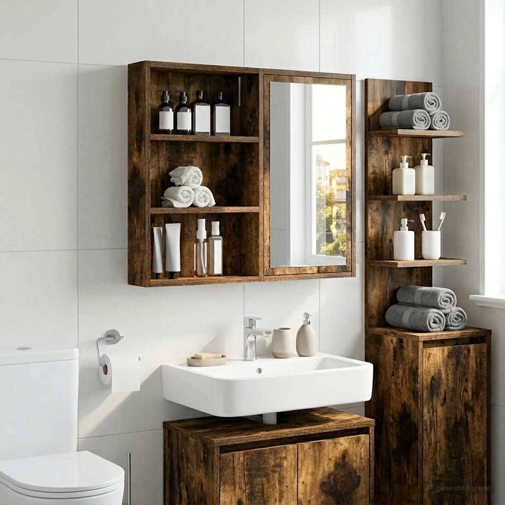 Badezimmerwaschbecken mit weißem Waschtisch und Toilette, kombiniert mit rustikalen Holzschränken, Regalen und Spiegel, auf denen Handtücher und Toilettenartikel aufbewahrt werden.