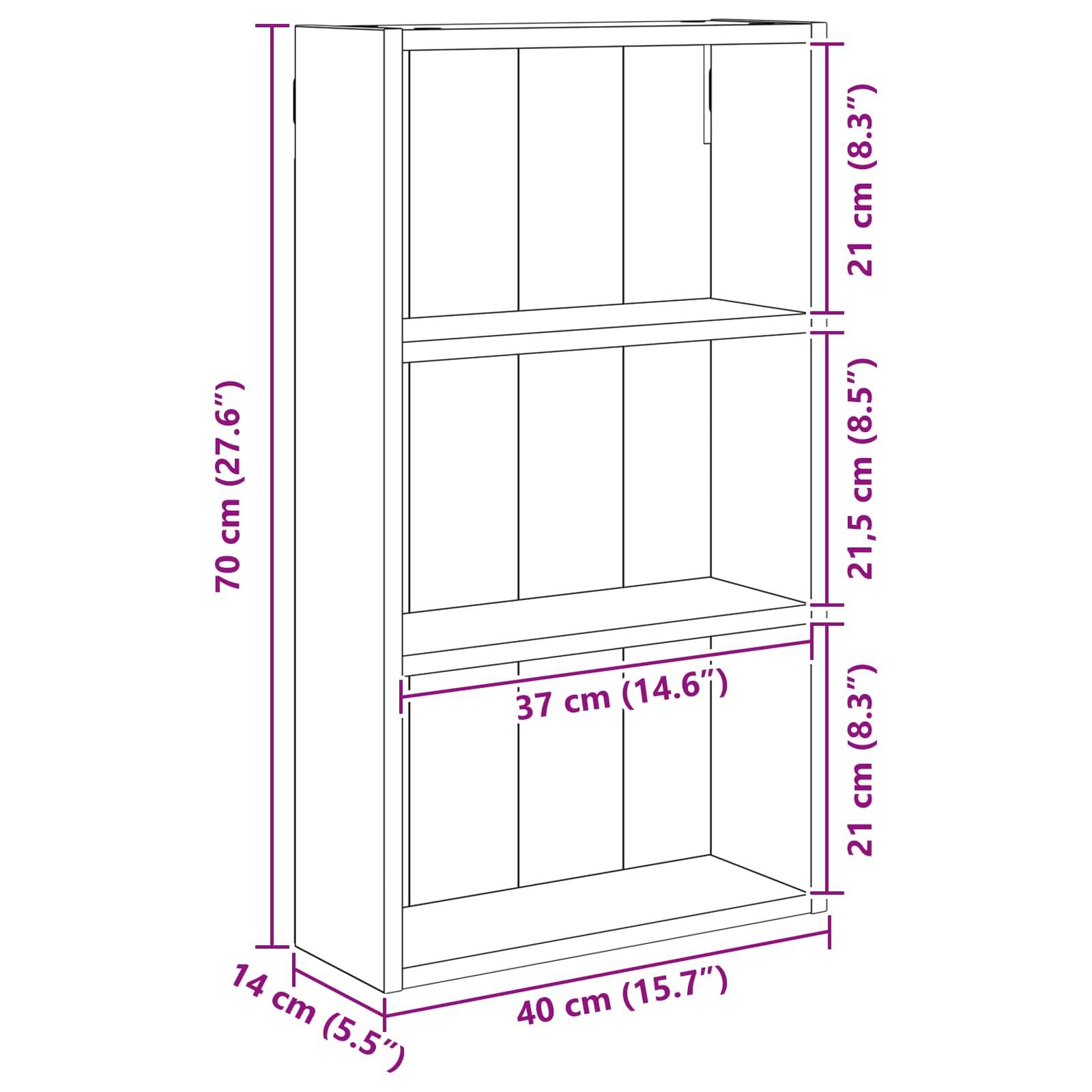 Bemaßtes Diagramm eines dreischichtigen Schranks, 70 cm hoch, 40 cm breit und 14 cm tief, mit beschrifteten Regalöffnungen von 21 cm, 21,5 cm und 21 cm.