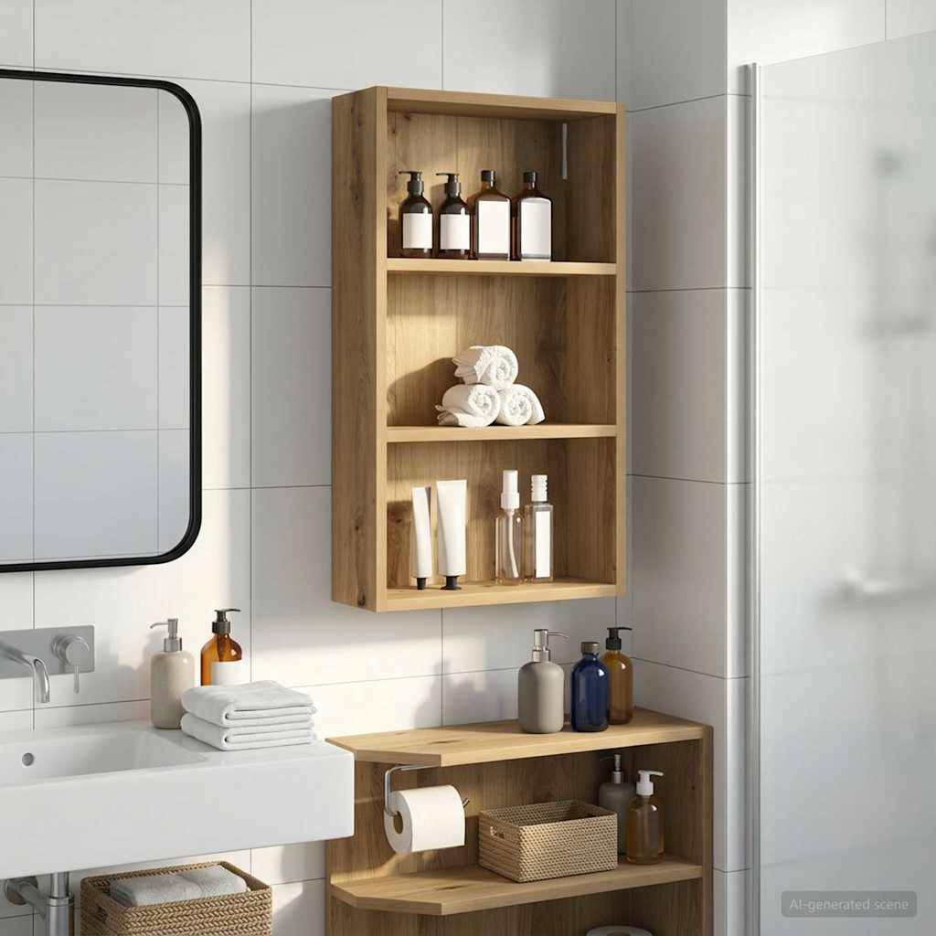 Modernes Badezimmer mit an der Wand montierten Holzregalen über dem Waschbecken, die Flaschen, Handtücher und Toilettenartikel halten, plus ein passendes Waschtischgabelfach mit Toilettenpapier und Aufbewahrungskörben.
