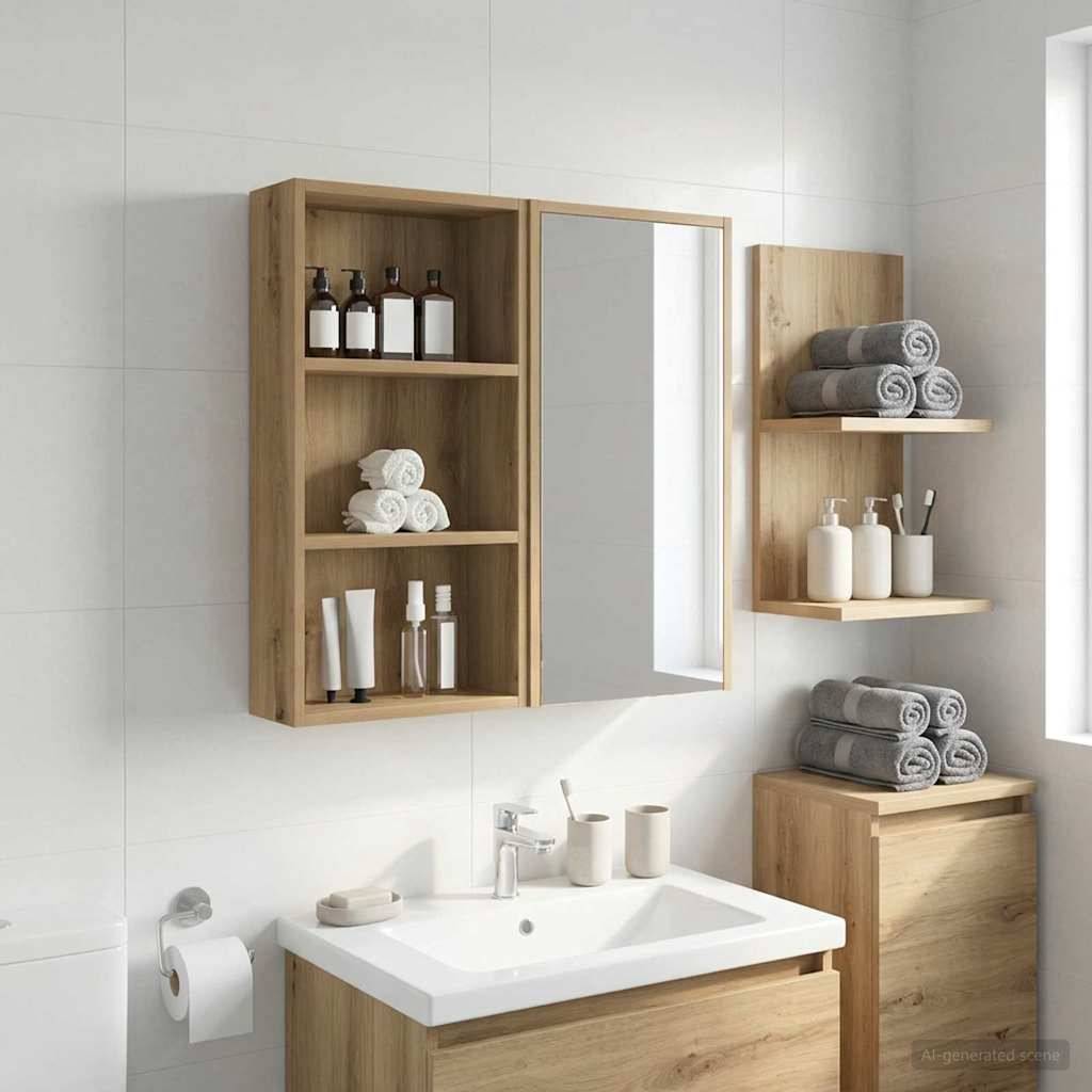 Modernes Badezimmerwaschtisch mit Holzschränken und Spiegel, offene Regale mit Handtüchern, Flaschen und Toilettenartikeln, sowie Waschbecken und Armatur darunter.