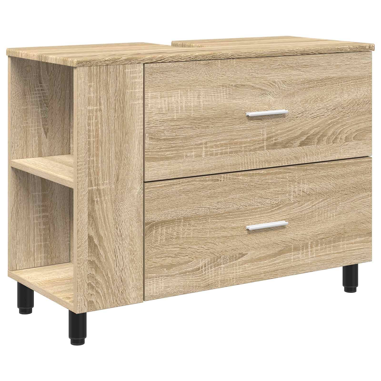 Heller Holznachttisch mit zwei Schubladen, offenen Seitenfächern, silbernen Griffen und schwarzen Beinen auf weißem Hintergrund.