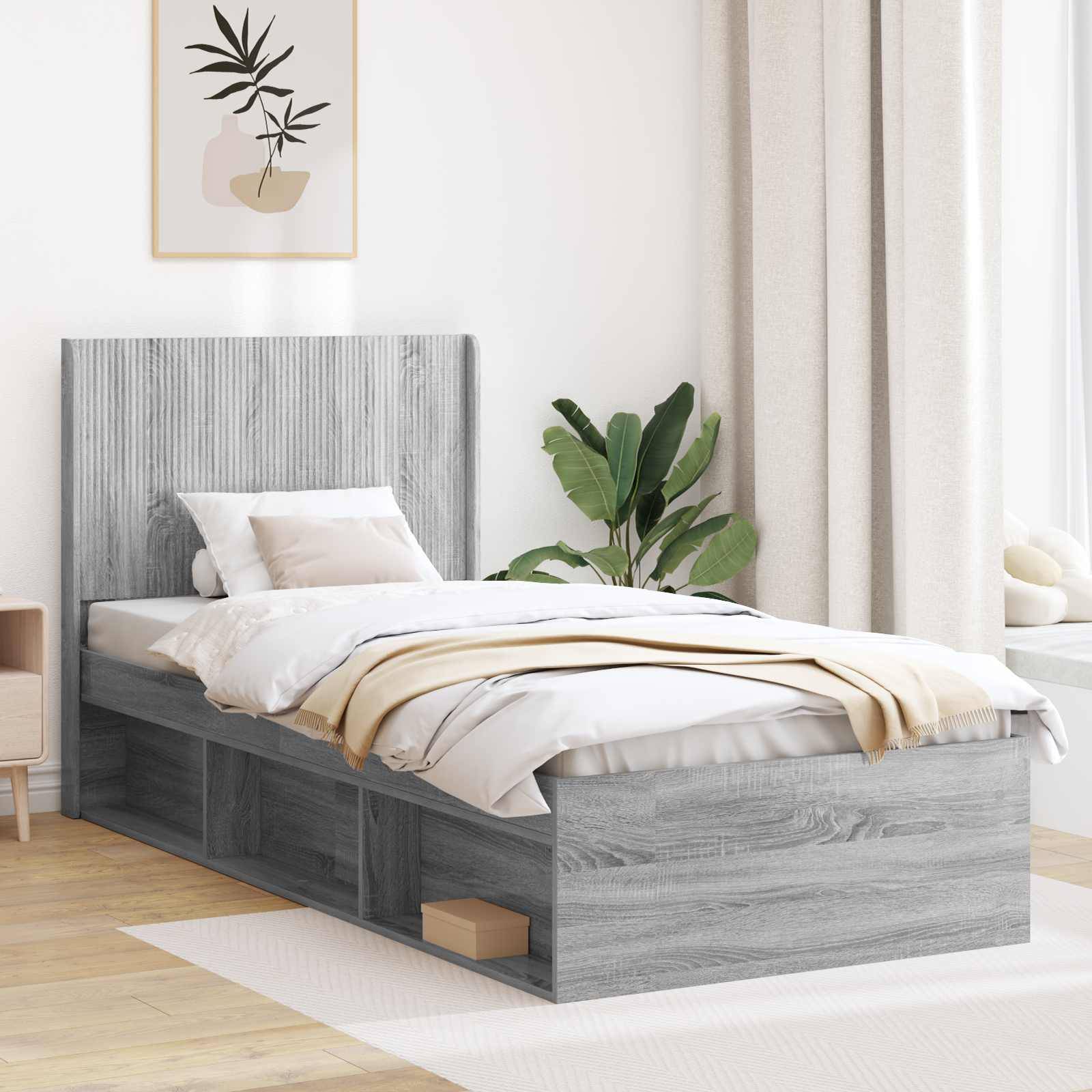 vidaXL Bettgestell mit Stauraum und Kopfteil Graues Sonoma 90 x 200 cm