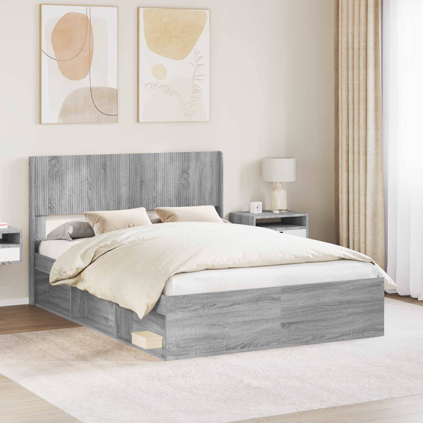 vidaXL Bettgestell mit Stauraum und Kopfteil Grau Sonoma 120 x 190 cm