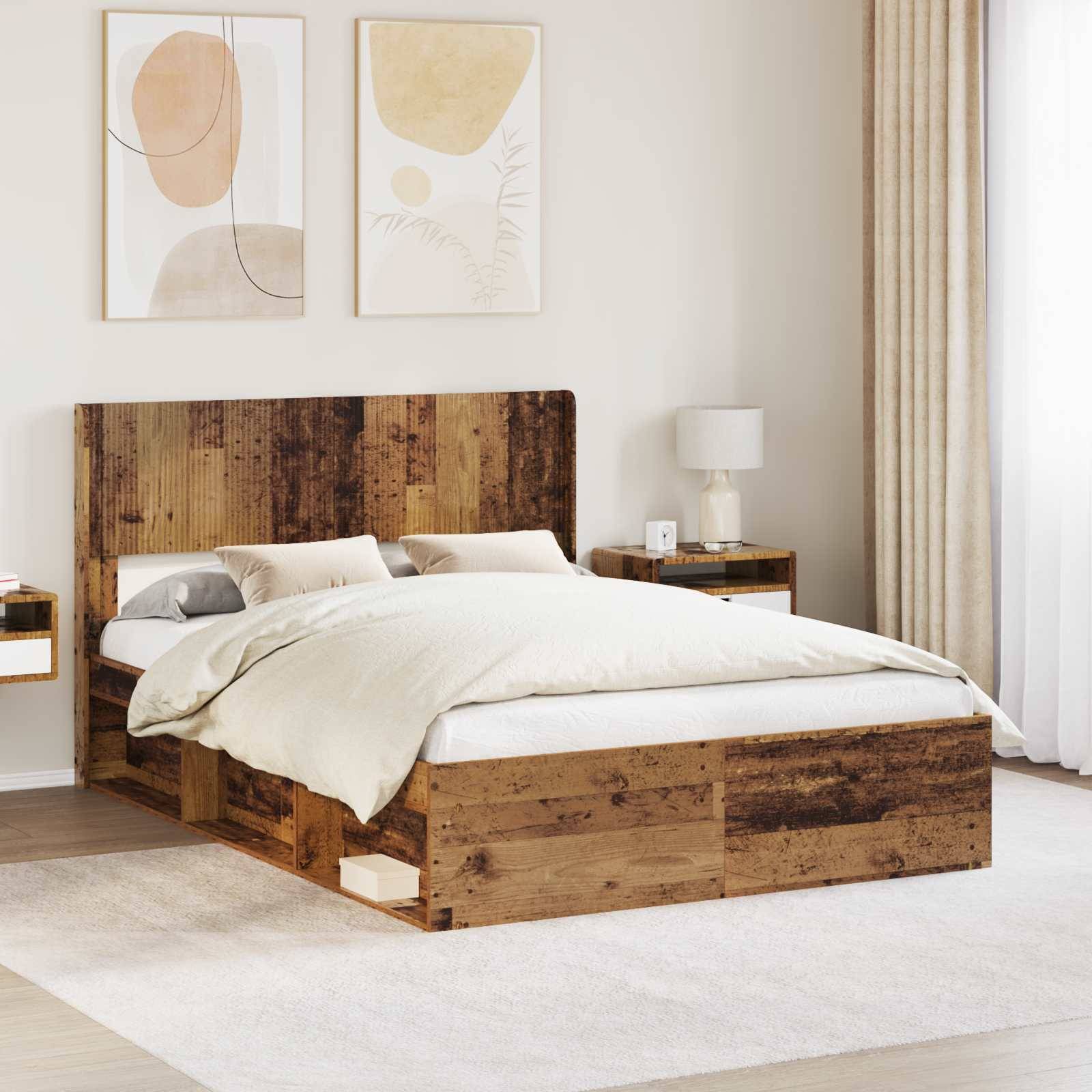 vidaXL Bettgestell mit Stauraum und Kopfteil Altholz 120 x 190 cm
