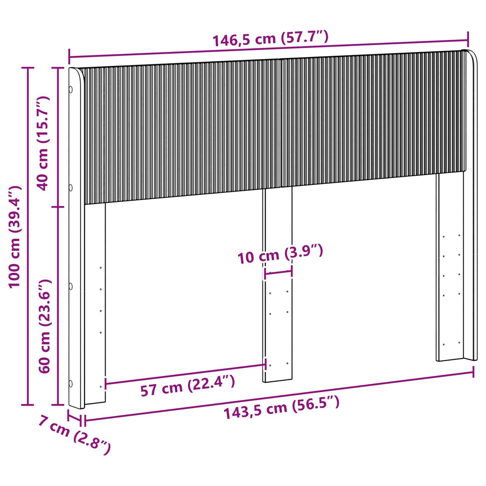 Dimensioniertes Vorderansicht-Diagramm eines Lamellenpanels mit zwei Seitenstützen und Mittelverstrebung, zeigt Gesamtgröße 146,5 cm Breite mal 100 cm Höhe und Schlüsselkomponentenmessungen.