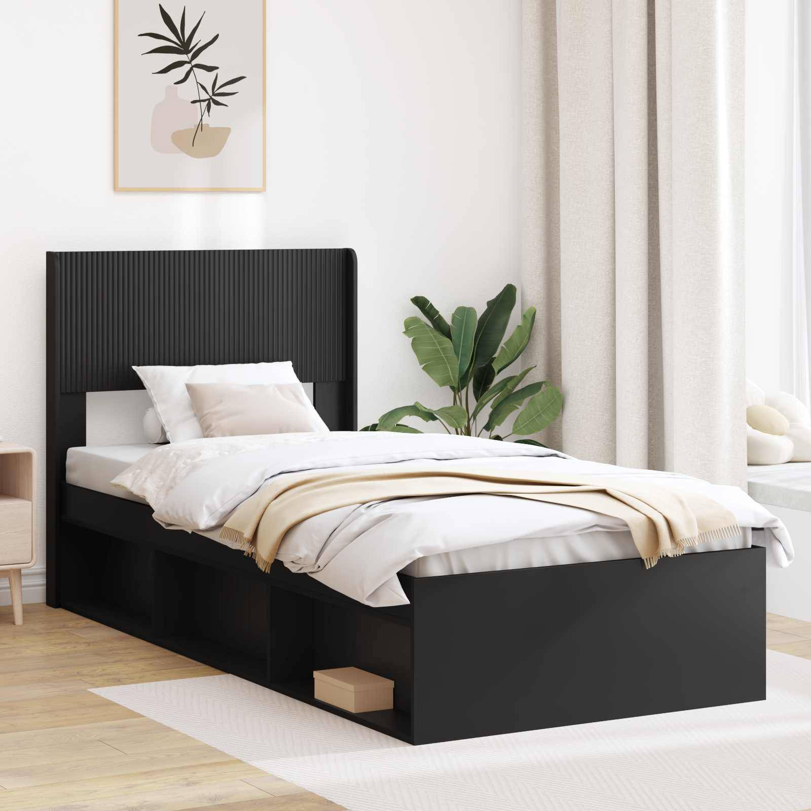 vidaXL Bettgestell mit Stauraum und Kopfteil Schwarz 75 x 190 cm