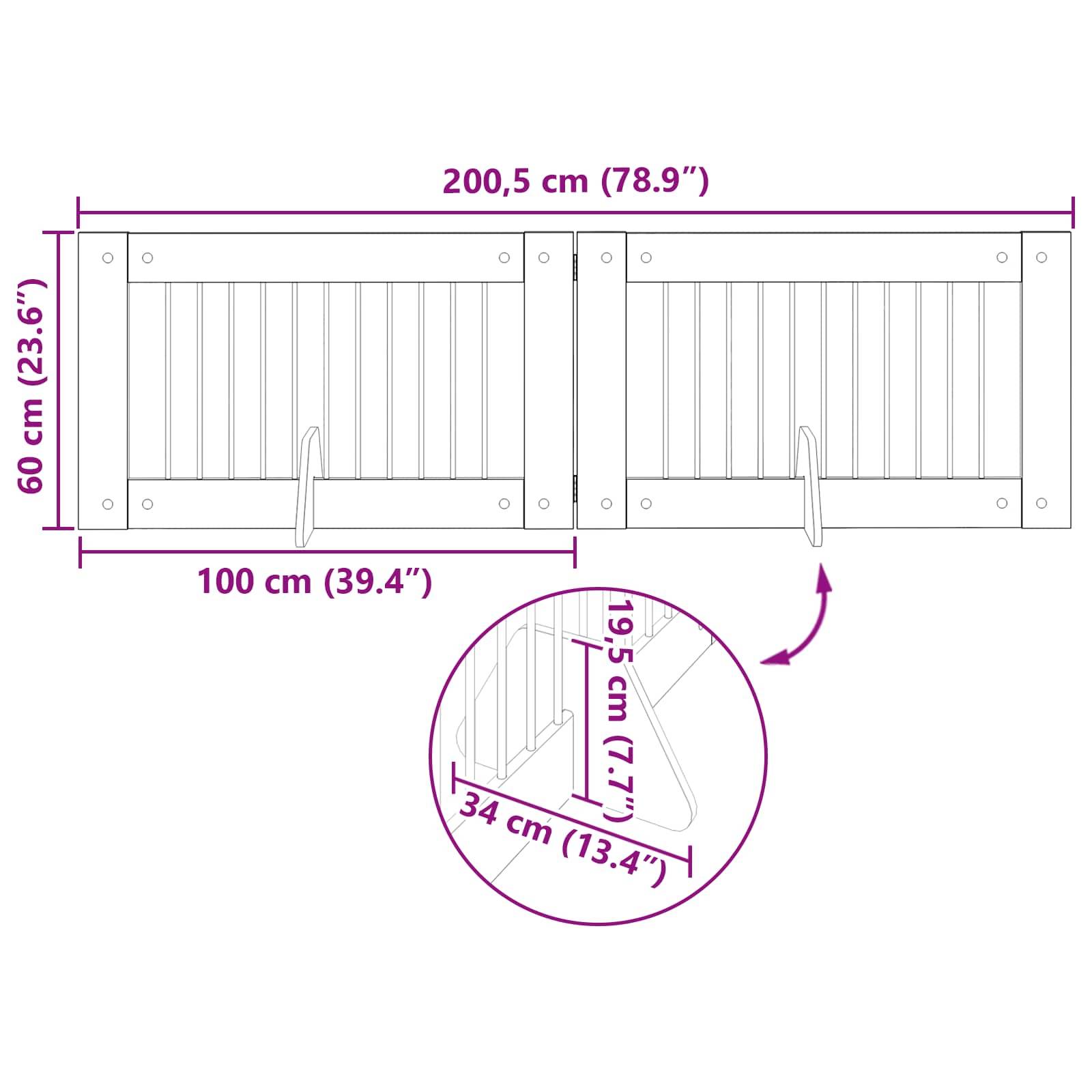 Abmessungsdiagramm eines Doppeltors: 200,5 cm breit und 60 cm hoch, jedes Blatt 100 cm breit; Ausschnitt zeigt ein Detail von 34 cm x 19,5 cm.