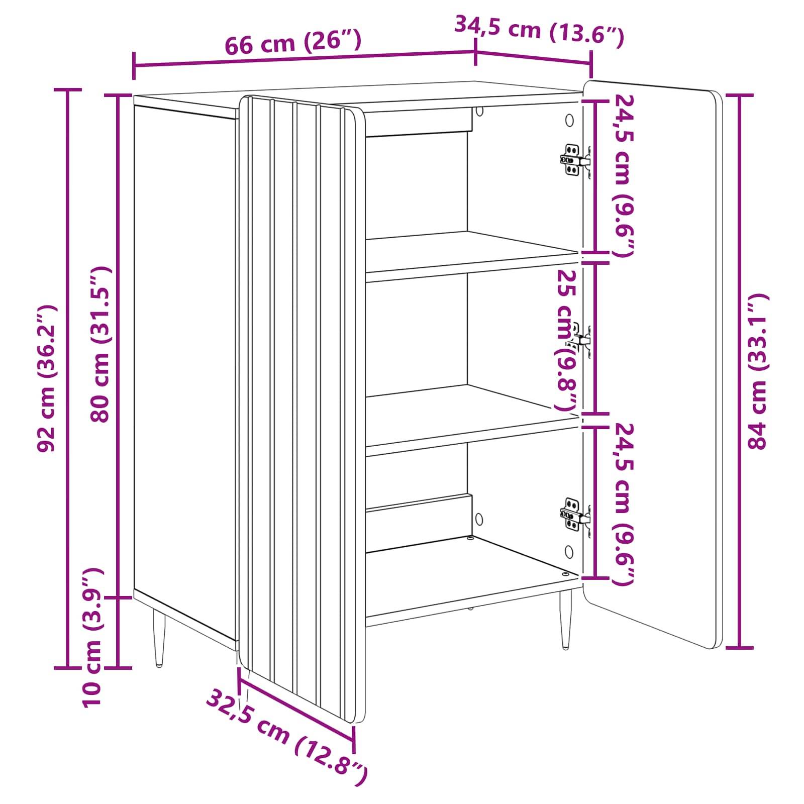 Maßstabgerechte Illustration eines zweitürigen Schranks mit Regalen, die die Gesamtgröße von 92 cm Höhe, 66 cm Breite, 34,5 cm Tiefe und den internen Regalabstand zeigt.